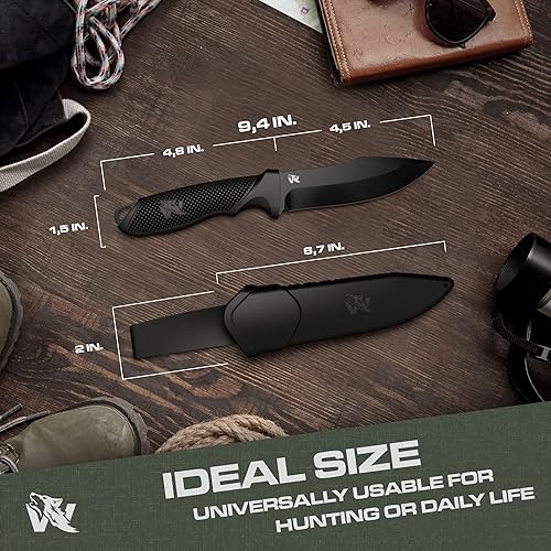 Vista 31 de ODENWOLF WOLF-I - Cuchillo de supervivencia de espiga completa con funda, elegante hoja fija táctica, hecho de acero 440C, cuchillo de supervivencia