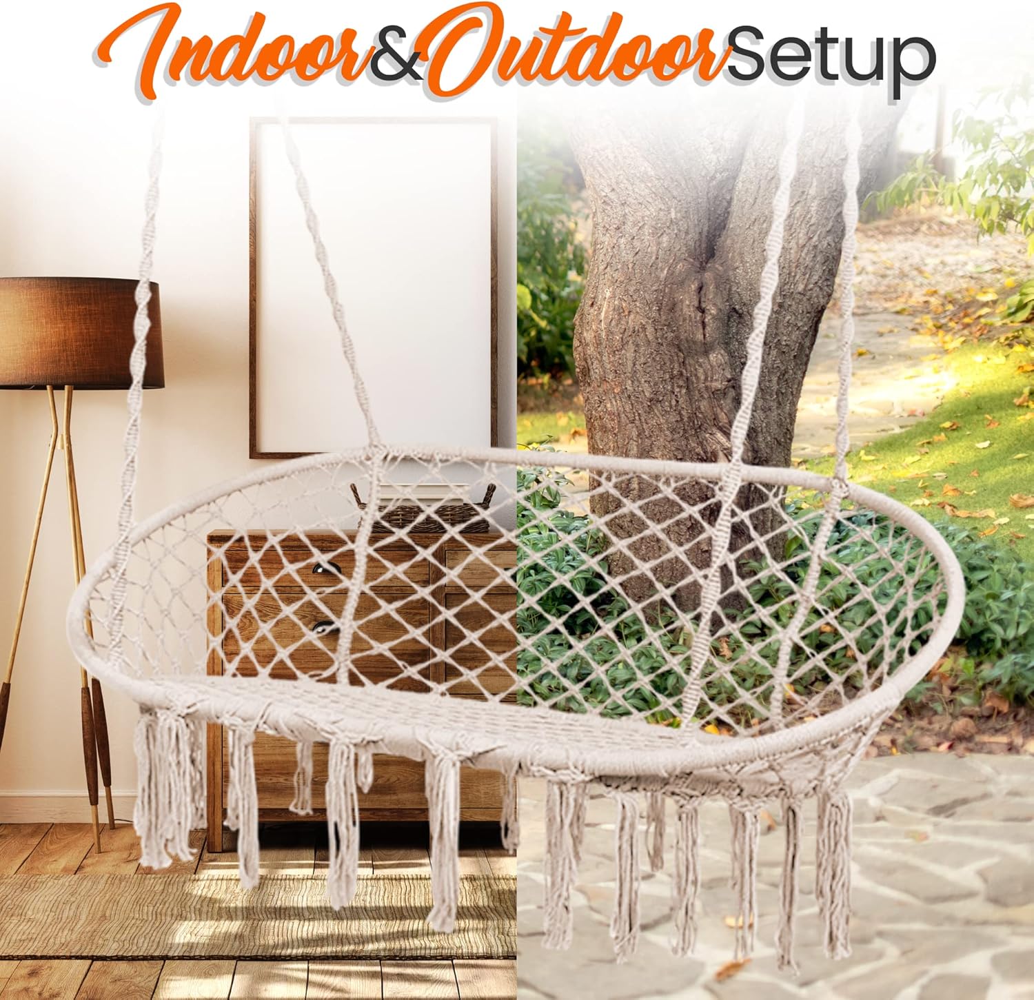 SereneLifeHome Hammock Chair Hanging Rope Swing, Double Macrame Cotton Woven Thick-Braided Swing Rope, with Full Back Support, 530lbs Capacity, Indoor & Outdoor, Includes Hardware Kit (White)