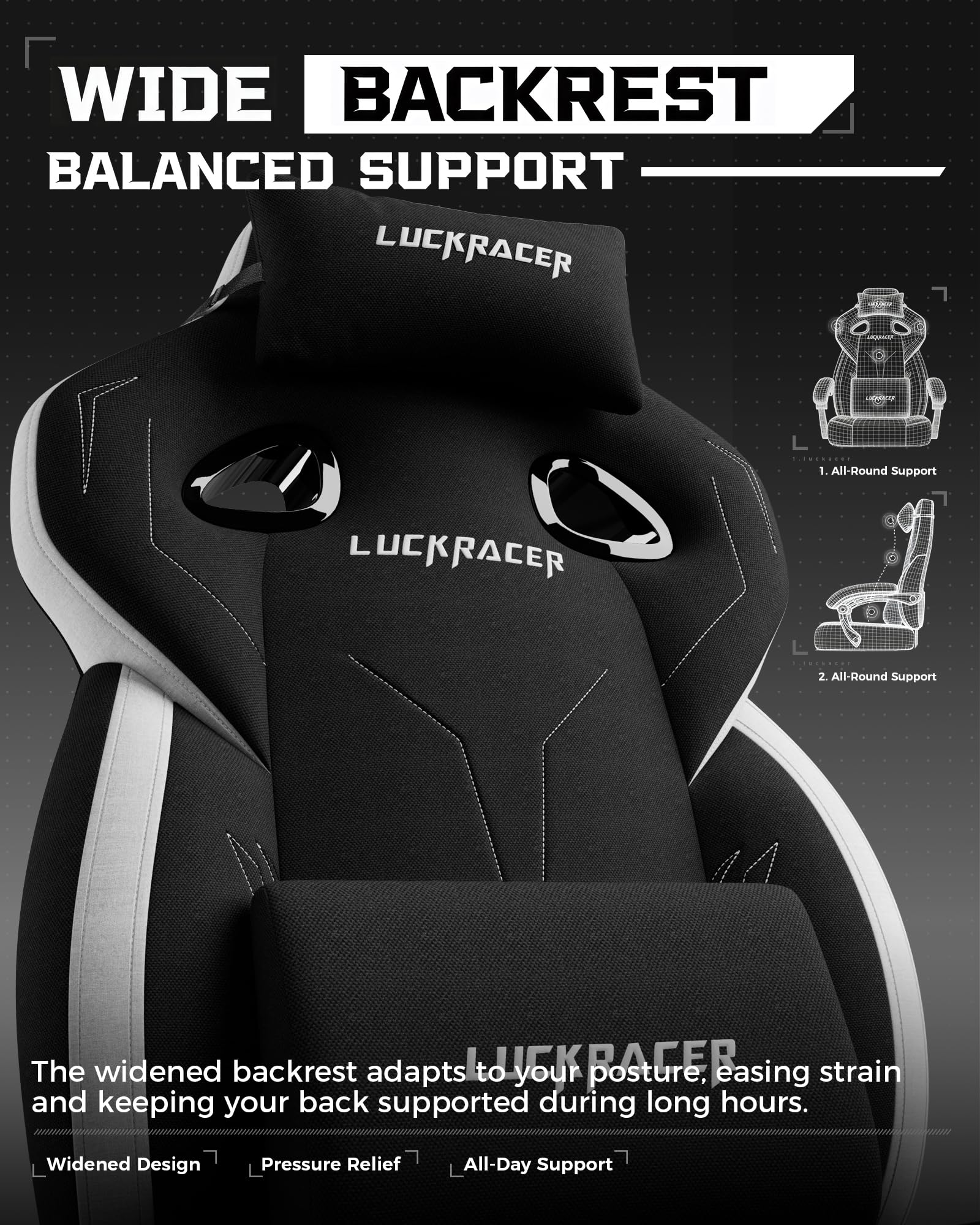 LUCKRACER - Sedia da gaming in tessuto, sedia da ufficio con braccioli collegati, cuscino in memory foam, angolo di inclinazione 90–155° e poggiapiedi, tessuto funzionale resistente, nero