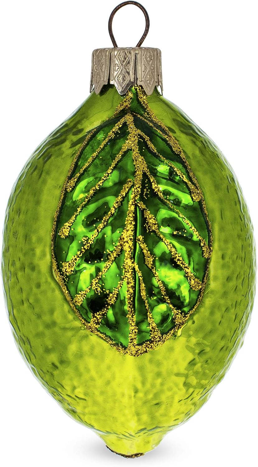 Lime with Shiny Leaf Glass Christmas Ornament - Image 2