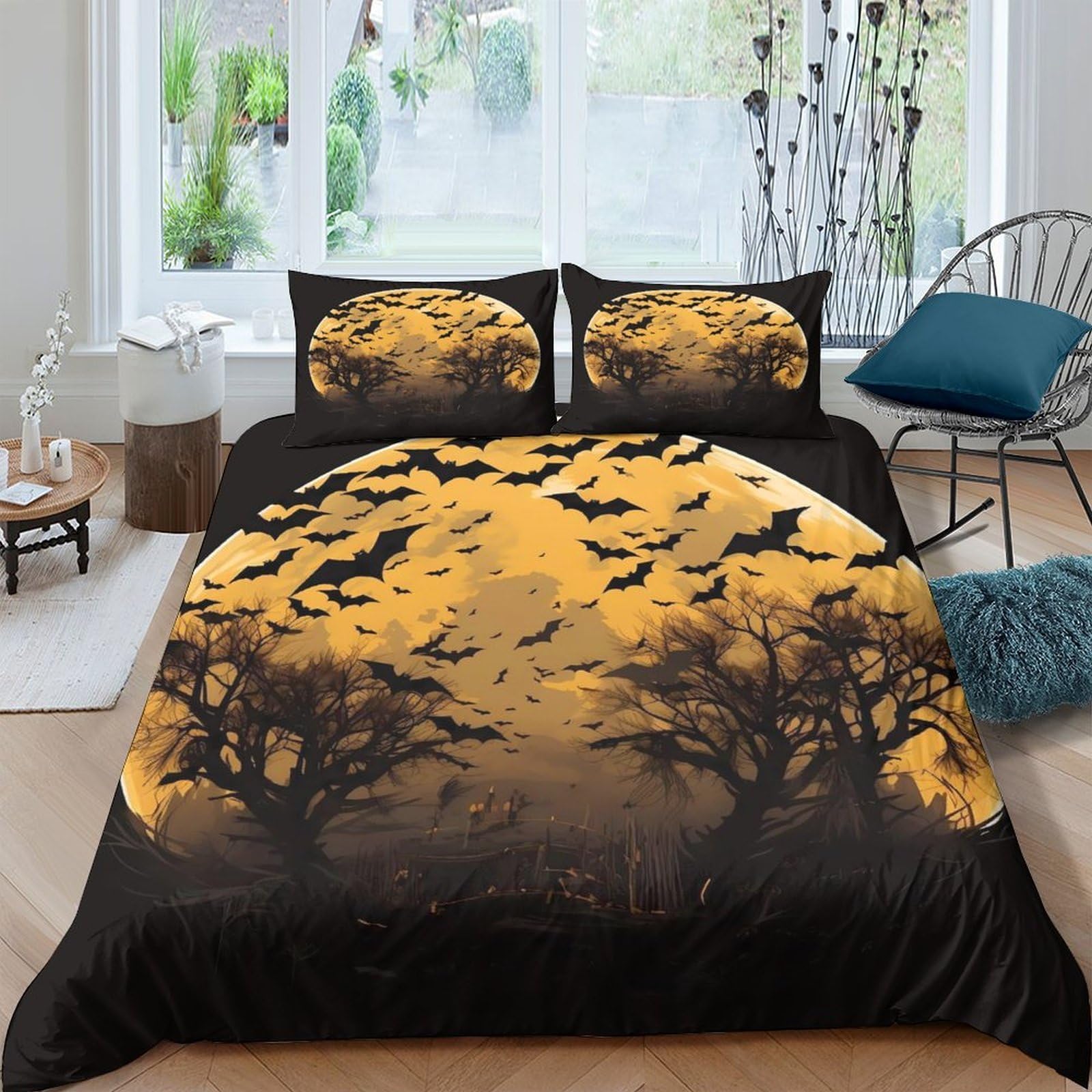 Ctjqhvkz Style-4 3D Printed Halloween Moon Fitted Sheet Microfiber Soft Decor Bat Forest Mattress Cover For Bedroom Guest Room Single（135X200cm）