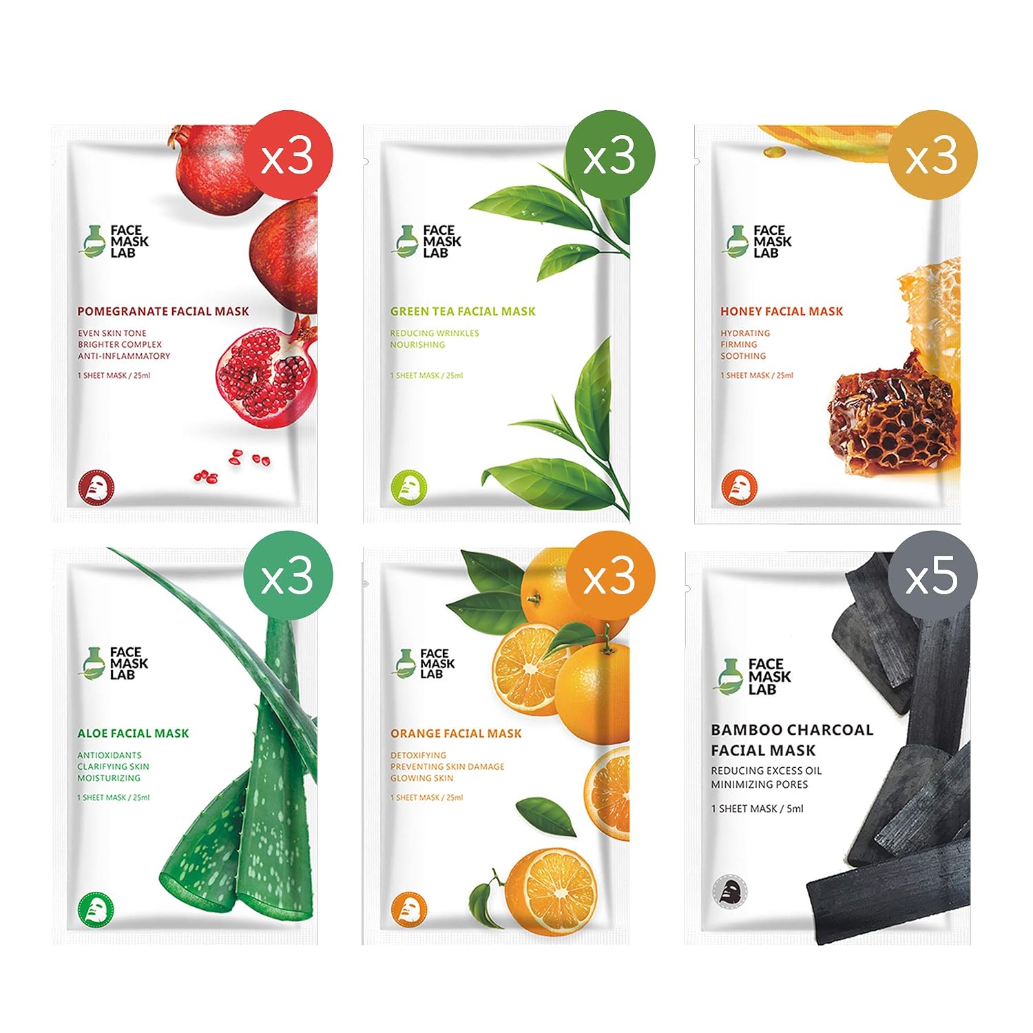 Face Mask Lab - Face Mask [20 Pack Set] Hydrating Facial Skin Care - Collagen Facemasks - Charcoal Peel Off Sheet Masks - Moisturizing and Brightening for Dry, Oily or Acne Skin