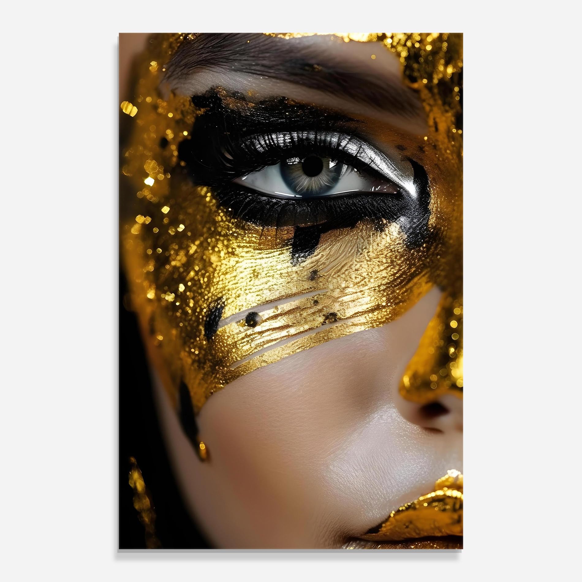 ARTHUB® Moderne impression sur verre 60x80 cm, 4mm verre trempé | Tableau en verre salon et chambre, Décoration murale moderne, Décoration intérieure, femmes, Black Gold Eyeliner