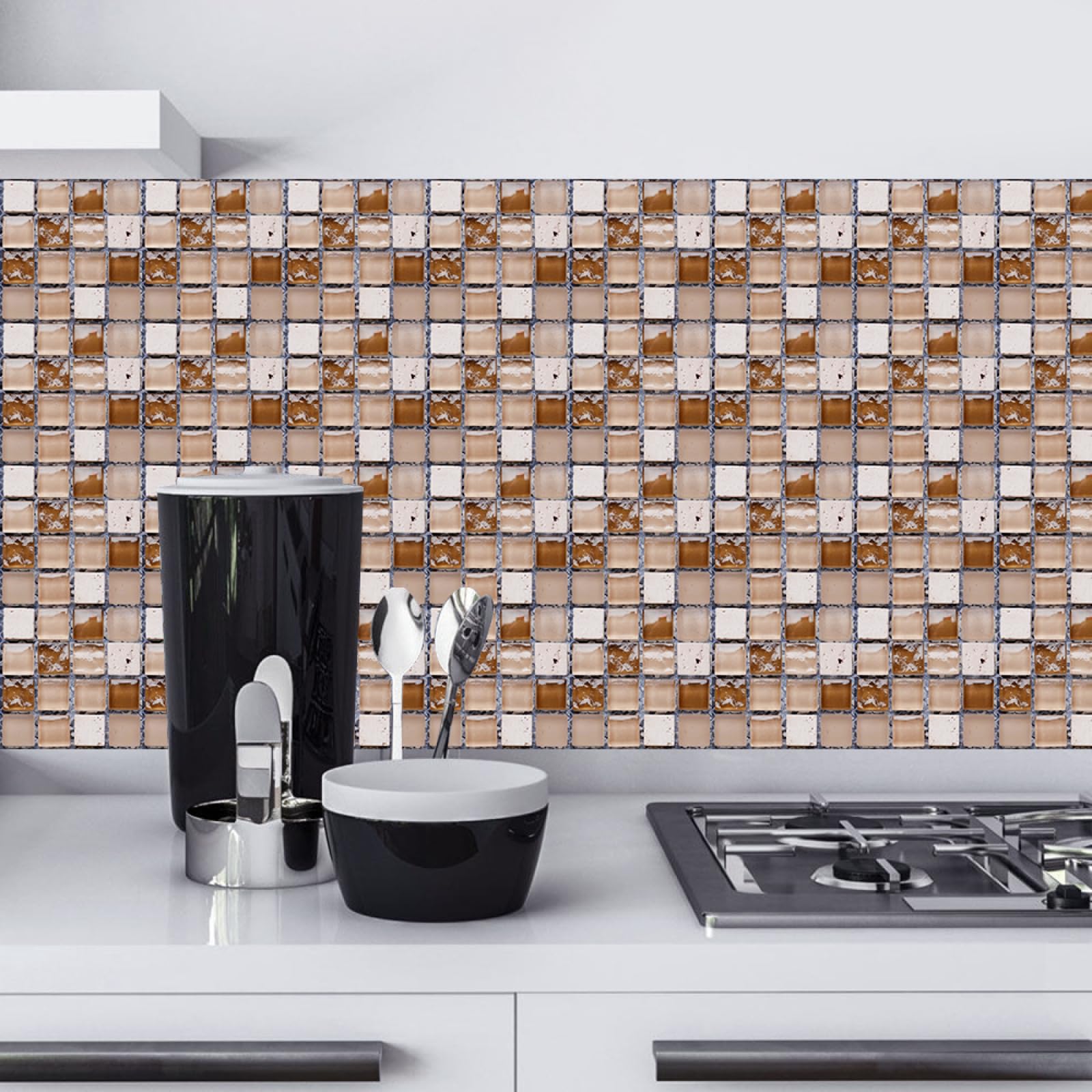 LMYSXAOZ Tile Stickers Brown Beige Geometry Stick on Kitchen Tiles Self Adhesive Wall PVC Peel and Covers Transfers Oil-Proof Splashbacks for Walls Removable 15x15cm/10 Pcs