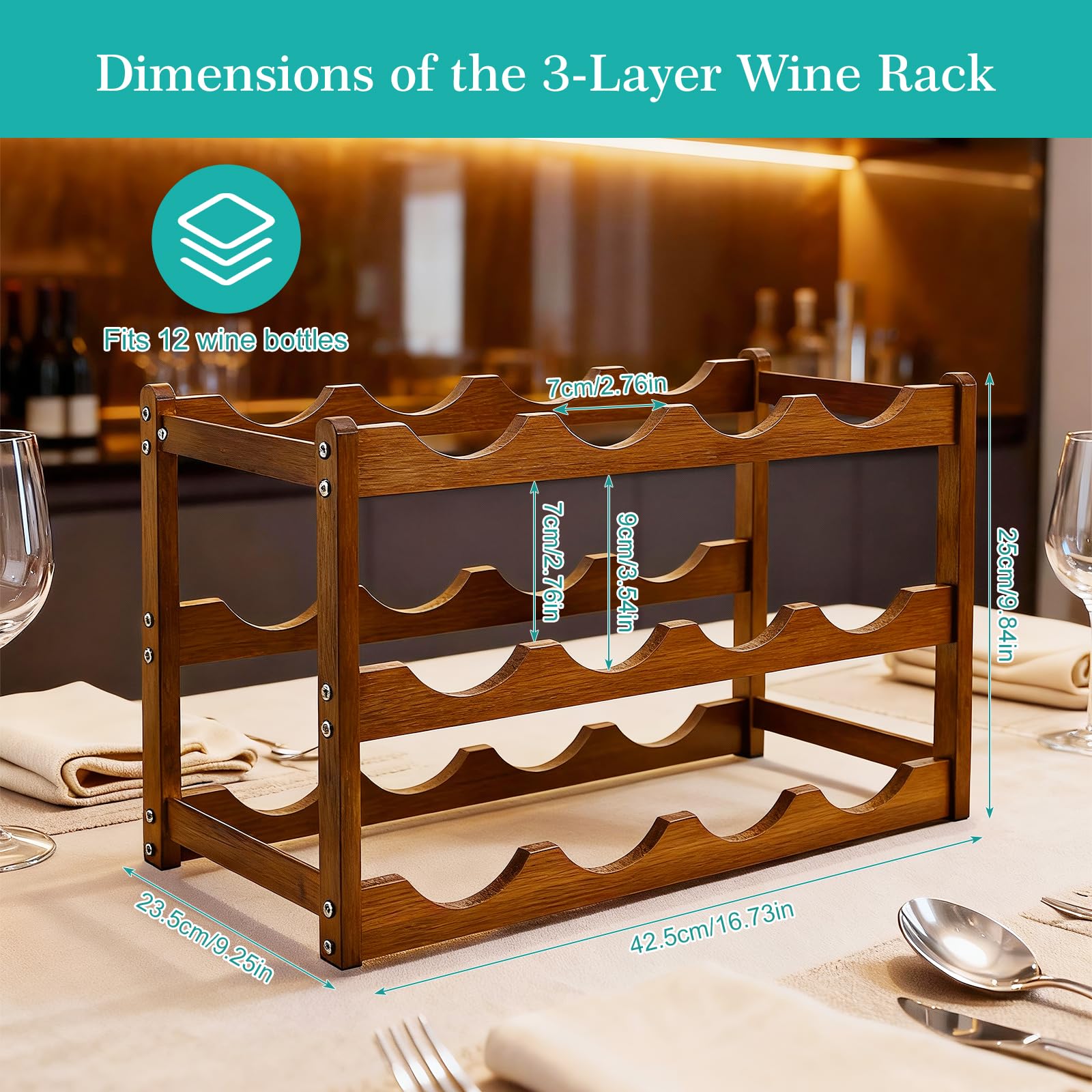 Fentar Vinoteca 12 Botellas, Botellero Vino de 3 Niveles, Botellero Apilable Estable, Botelleros Madera Estrechos para Cocina Bar Cellar (43 x 23,5 x 25cm) - 3