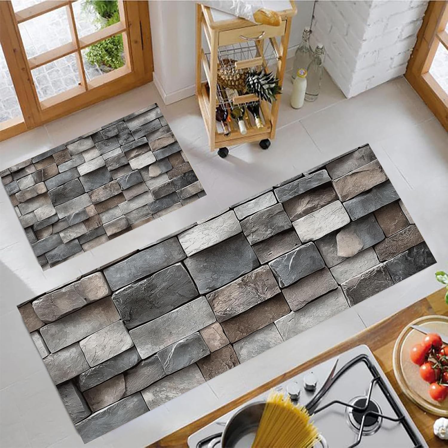Natural Stone Wall Carpet Runners for Kitchen Non-Slip Industrial Style Architecture Kitchen Rug Runner Washable Short Pile Floor Mat for Entryway Bedroom Laundry Room, Dark Gray, 17″X30″+17″X47″