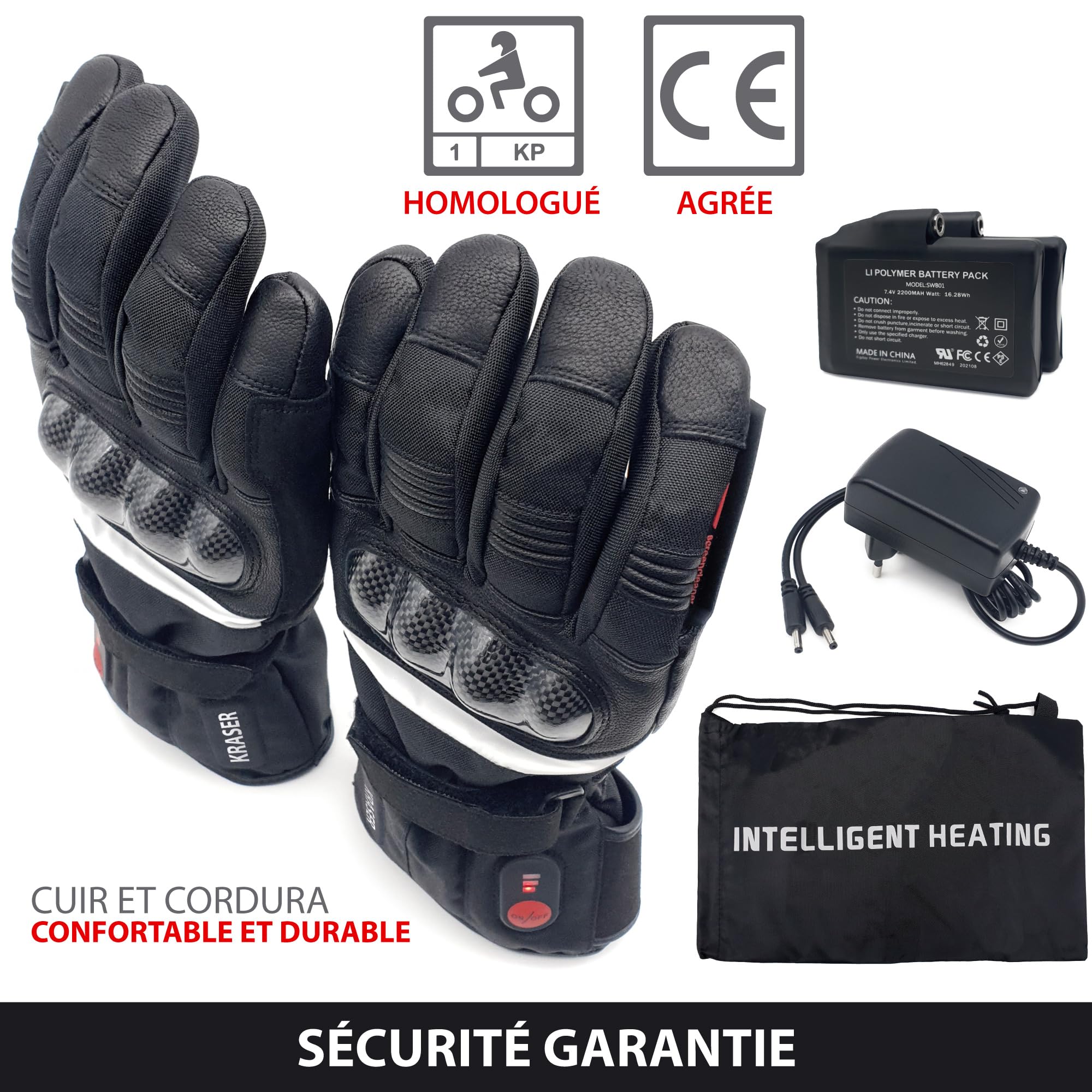 KRASER KRGS28-XXL Gants Moto Homologué Premium, Chauffants et Imperméables de Haute Qualité, Testé Extrême et Protection en Fibre de Carbone, 3 Niveaux de Chaleur, Gants Moto Hiver pour Homme et Femme