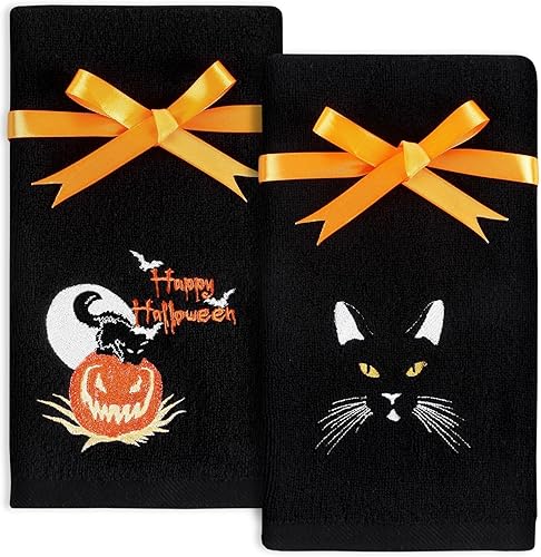 Quera Paquete de 2 toallas de mano de Halloween, 100% algodón, bordadas, decoración de lujo de primera calidad, juego de toallas decorativas para