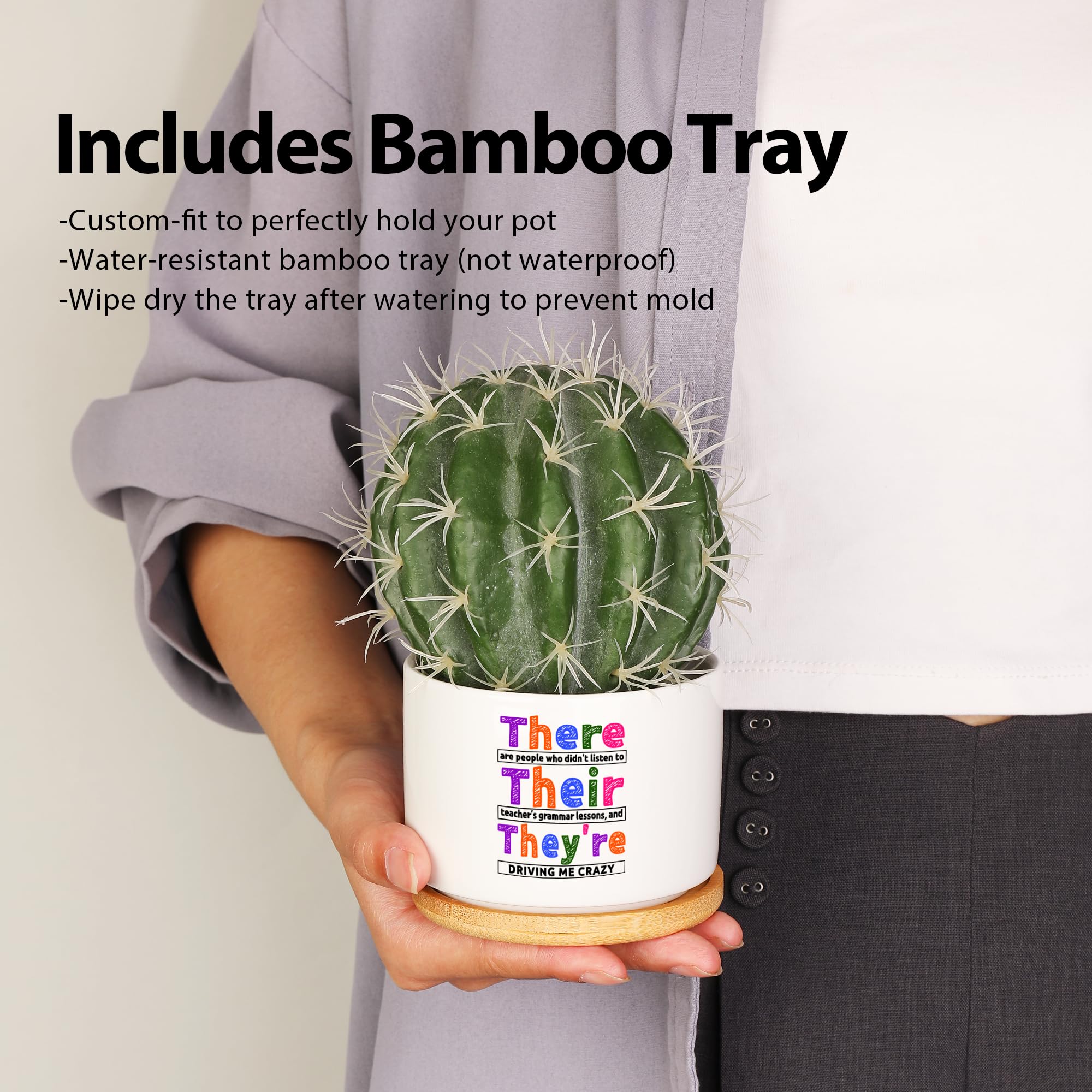 There Their They're Grammar English Teacher Gifts Editors Writers Teacher Appreciation Day Gifts Ceramic Succulent Plant Pot with Bamboo Tray Round Home Office Decor 3.5 Inch White (No Plants)