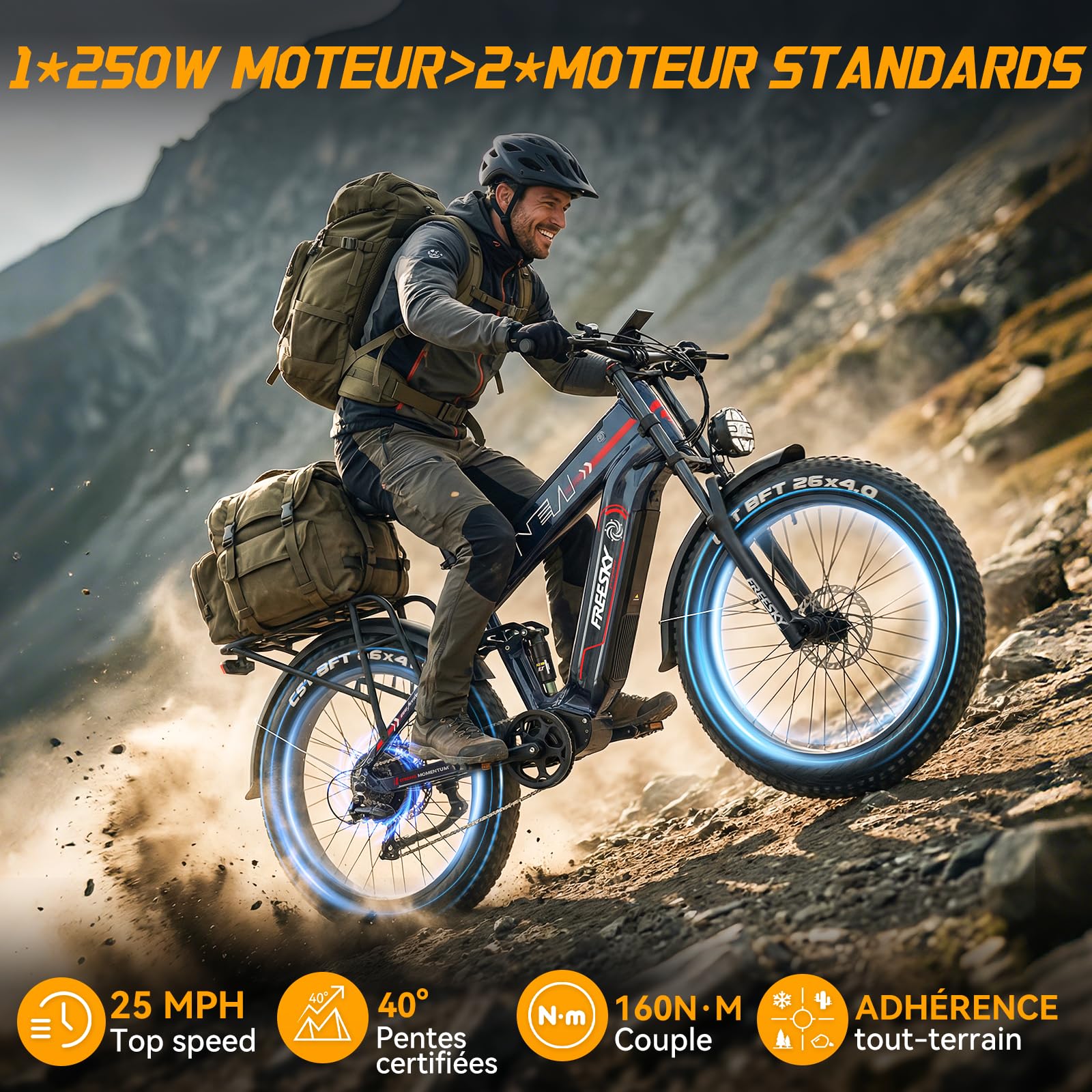 FREESKY Alaska Pro Vélo électrique, 48V 41Ah Double Batterie Amovible, 26" VTT électrique Adulte Velo electrique Freins Hydrauliques Suspension, 140-250km Autonomie, Écran LCD, 7 Vitesses, 25KM/H 250W
