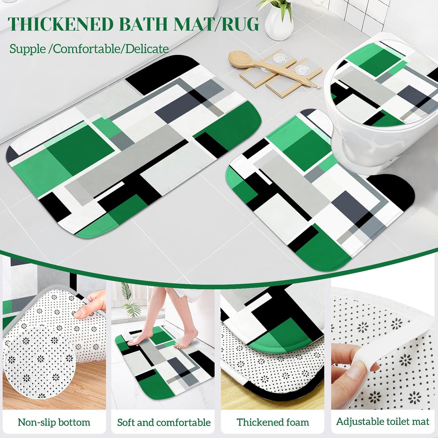 4 Pcs Bathroom Sets with Shower Curtain and Rugs,Green Geometric Bathroom Shower Curtain Sets with 12 Hooks, Green and Black Modern Abstract Bathroom Sets with Rugs and Accessories for Bathroom
