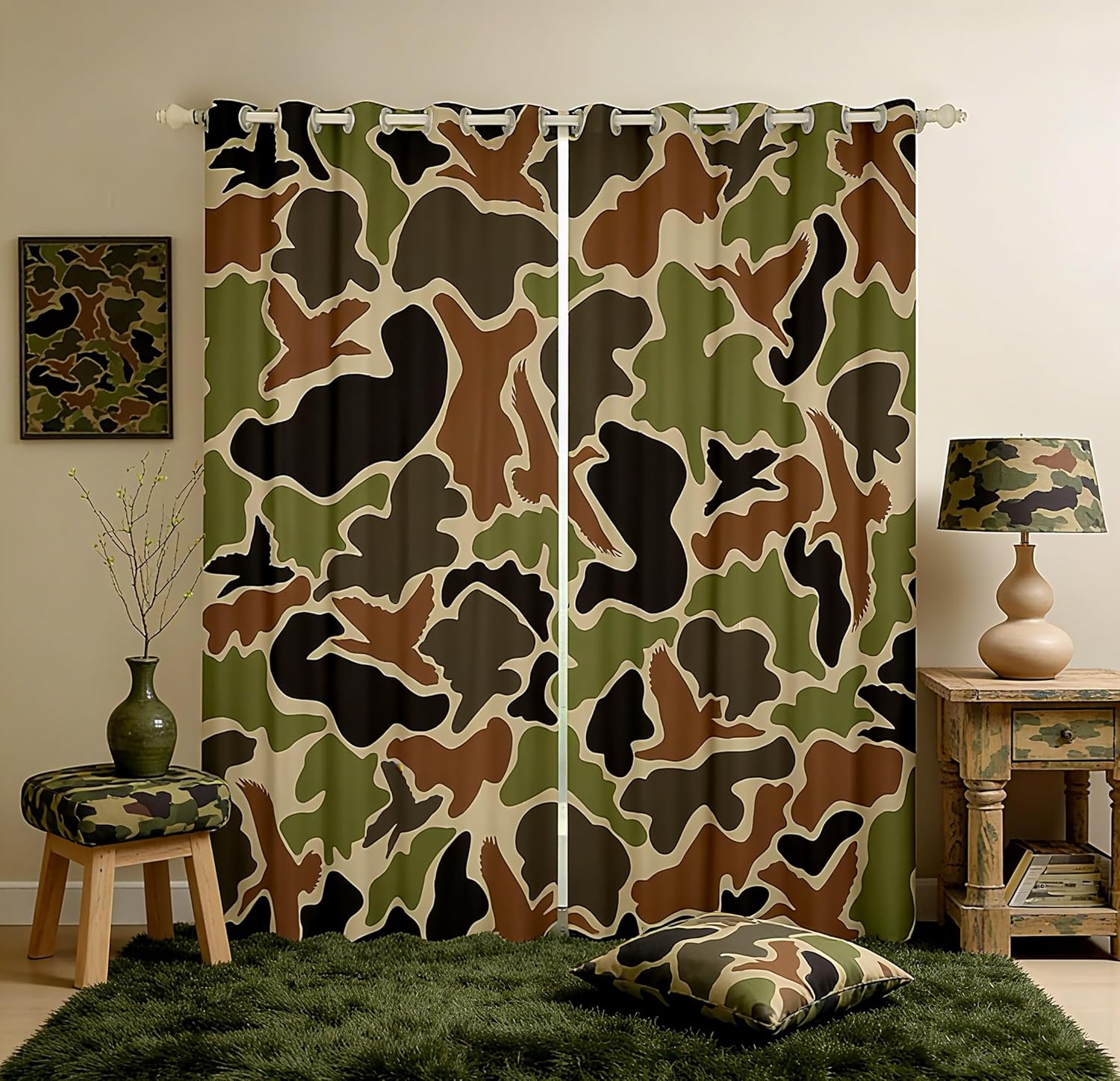Feelyou Duck Hunter Green Camouflage Hunting Curtains for Bedroom Living Room (2 Panels, 38 x 45 Inch) Black Brown Blackout Curtains Camo Army Darkening Blackout Curtain Wild Window Treatments