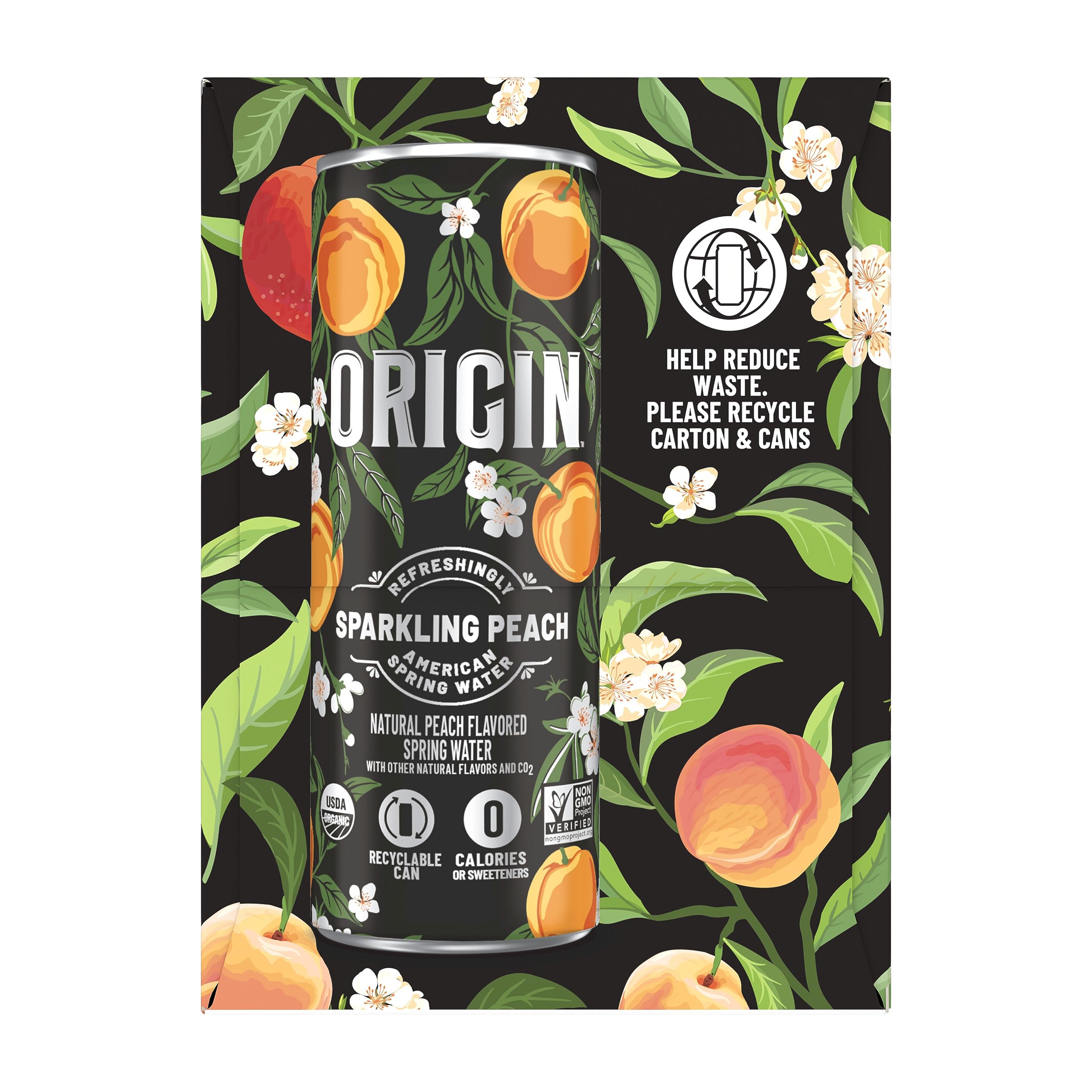 ORIGIN Organic & Non-GMO Peach Flavor Sparkling Water, 12 Fl Oz, Recyclable Aluminum Cans (6 Count) (Pack of 2)