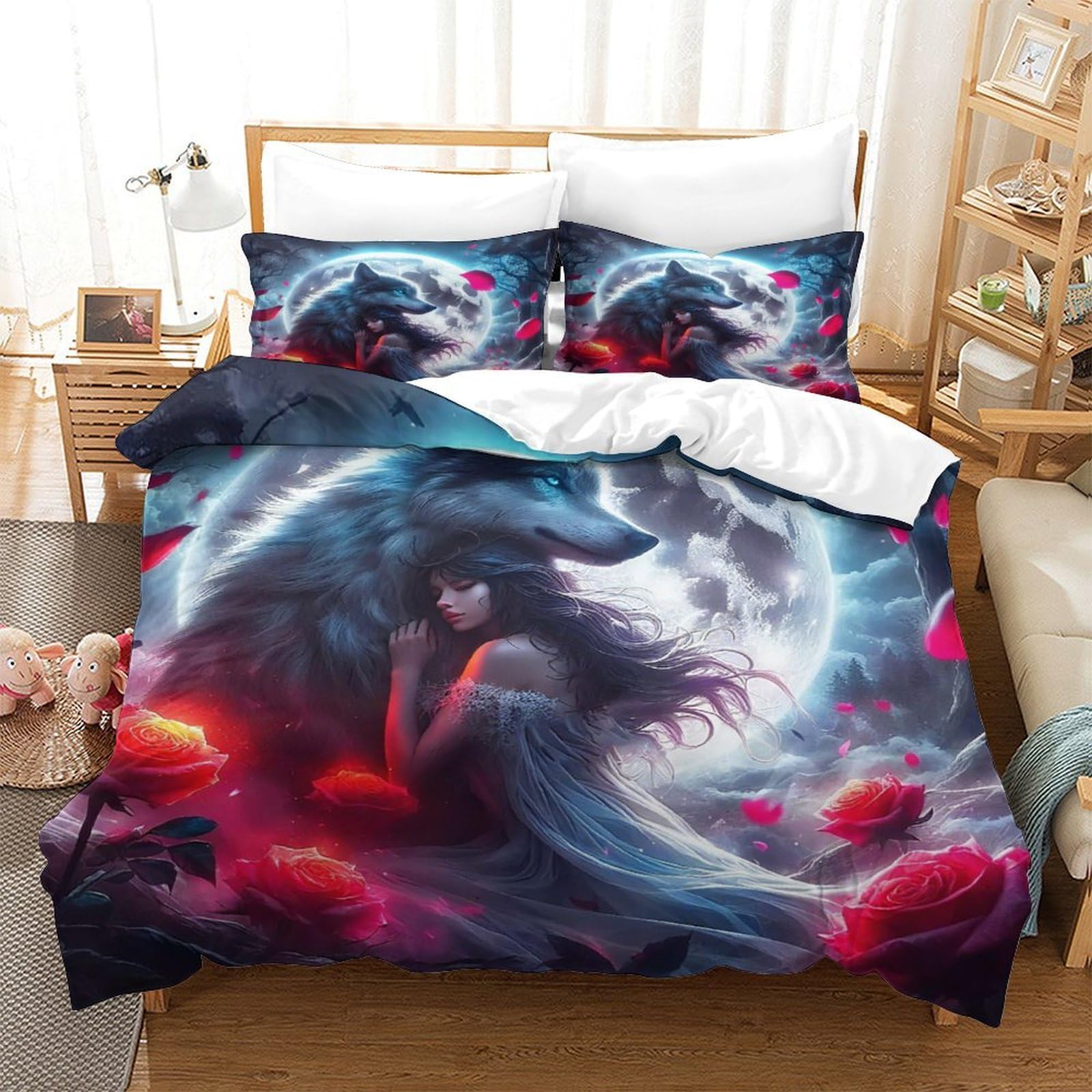 TDSNKAVHB Moonlight Wolf3D Printing Duvet Cover RoomDecor Microfiber Soft QueenHidden Zipper And Pillowcases for Teen KidsKing（220x240cm）
