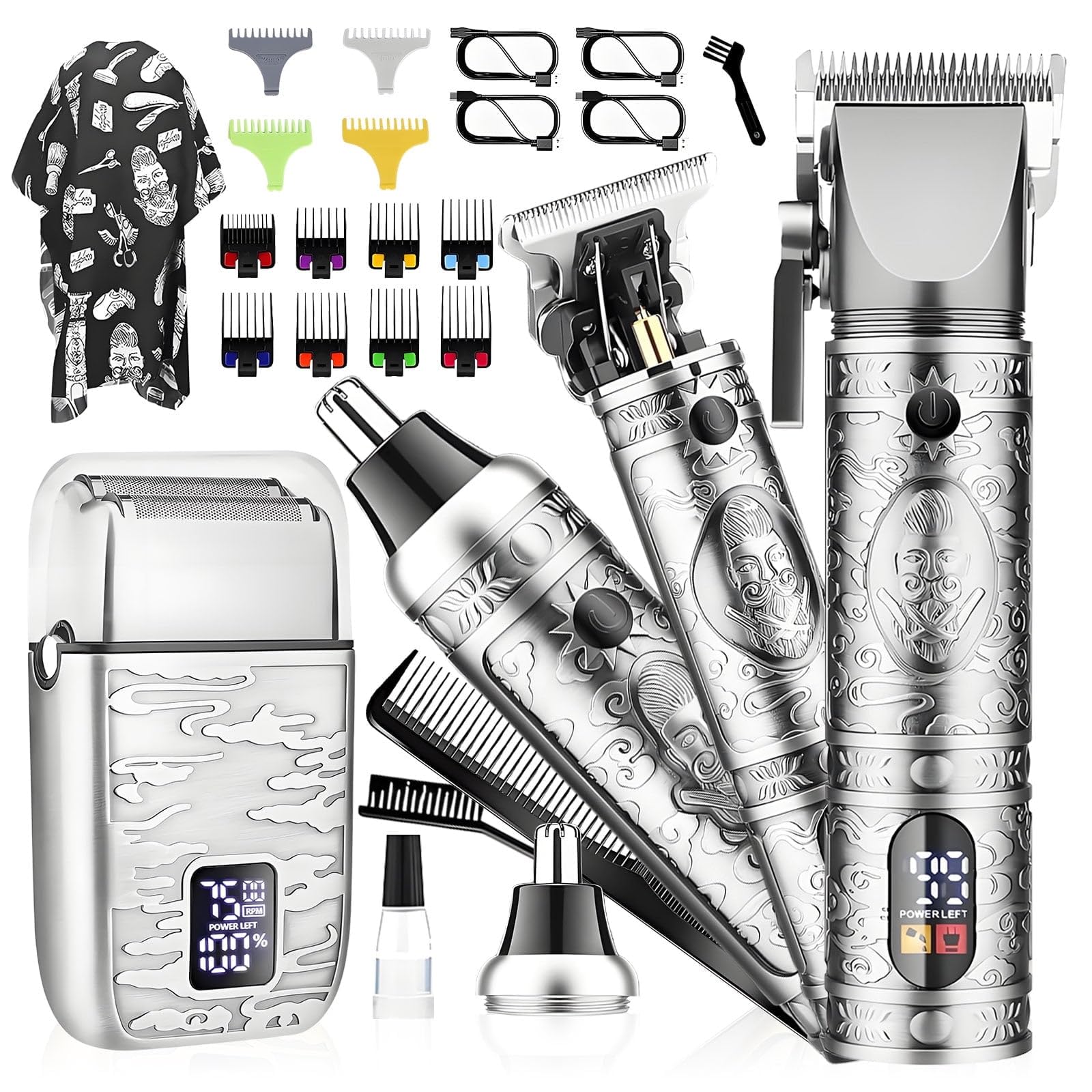 RNKR 9-in-1 Beard Trimmer for Men w/T-Blade, Foil Shaver, 12 Combs, LCD, USB-C, Travel Case - Cordless Grooming Kit