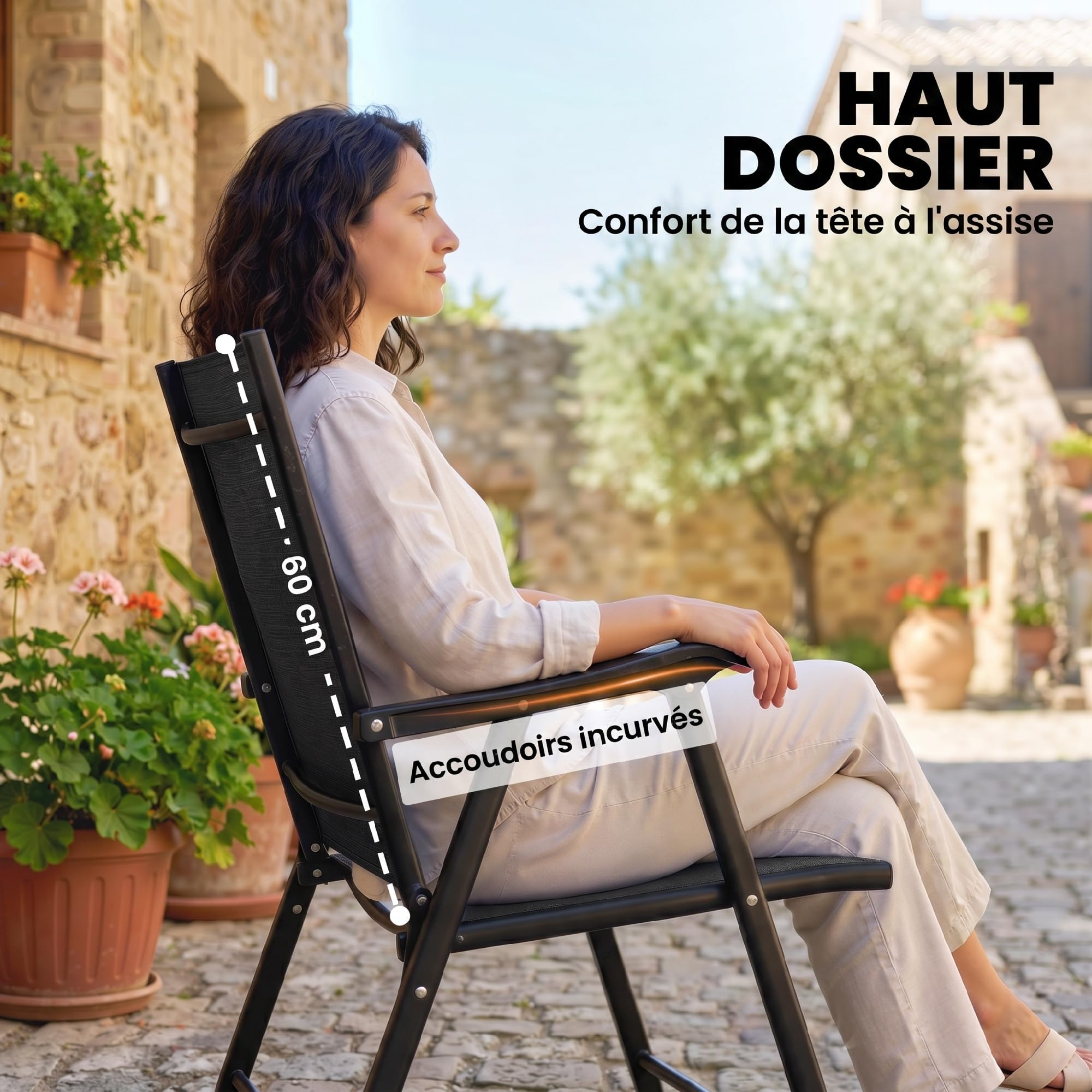 Outsunny Lot de 4 Chaises de Jardin Pliantes en Textilène Robuste Noir | Mobilier de Jardin, Structure Acier, Sans Montage, Chaise de Terrasse et Balcon, Dossier Haut Ergonomique