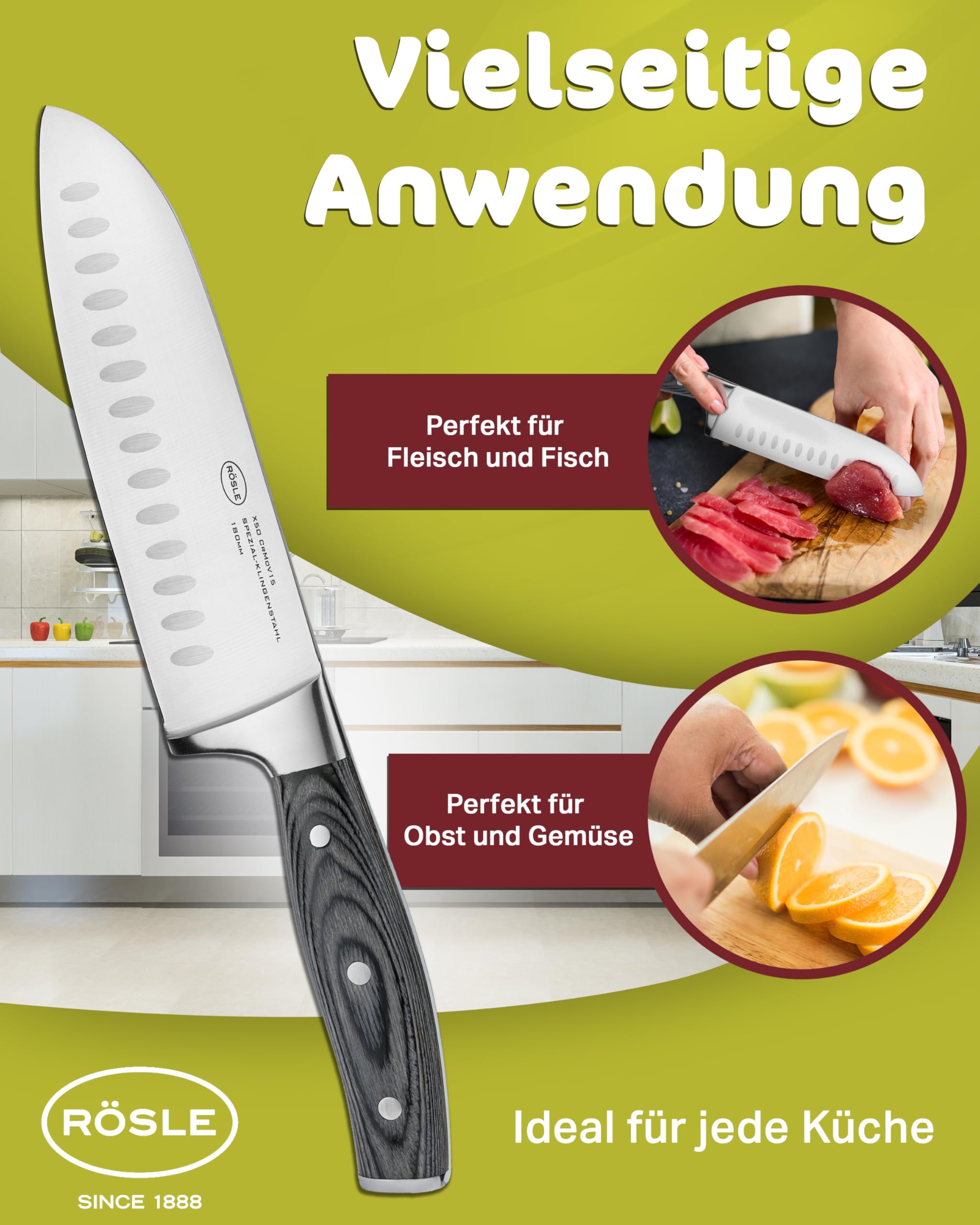 RÖSLE Santokumesser WOLFGREY 17,5 cm – Scharfes Küchenmesser & Kochmesser mit Kullenschliff – Santoku Messer, perfekt für Feines Schneiden, Würfeln und Hacken mit Leichtigkeit