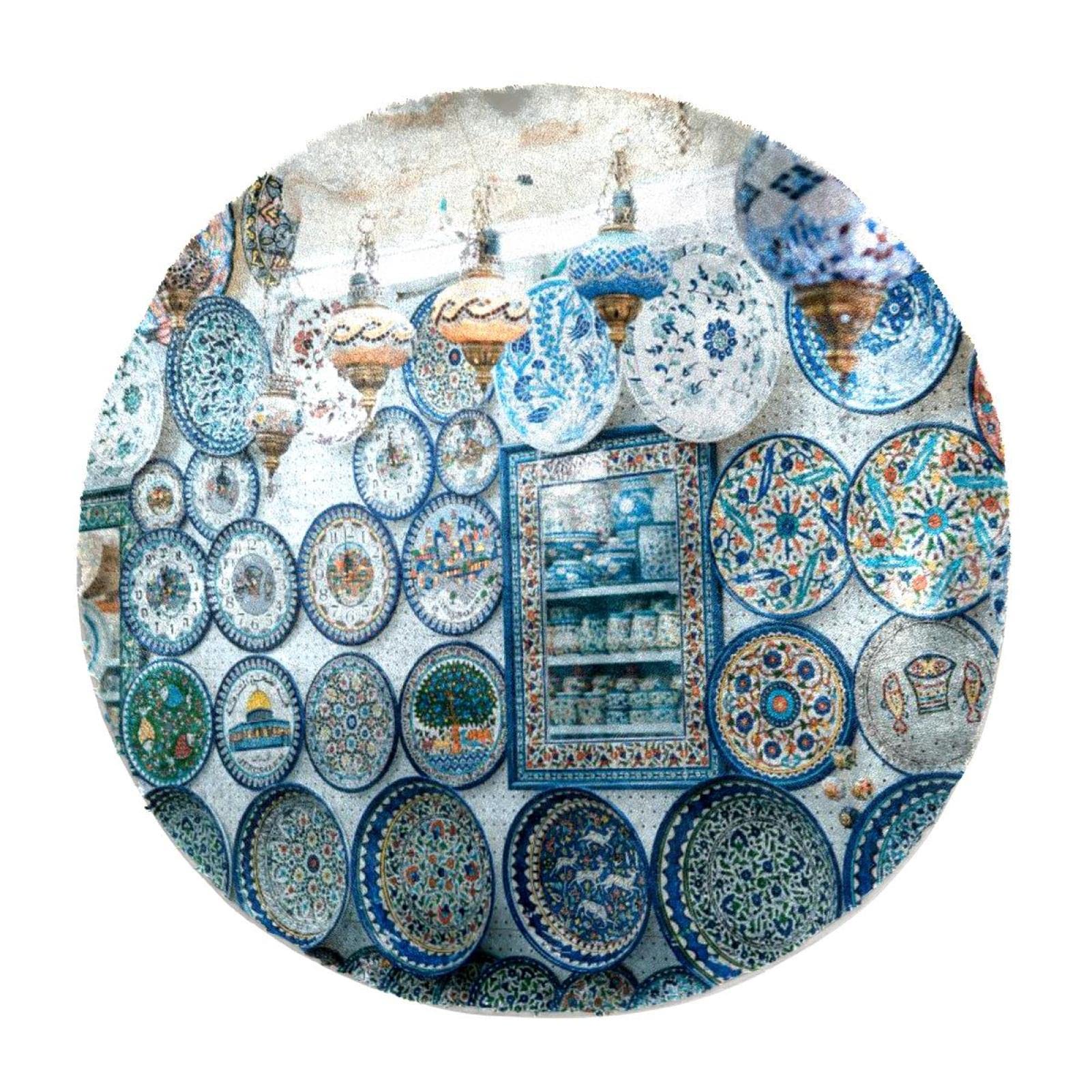 Tapis rond fausse fourrure lapin antidérapant et ultra doux bleu blanc 70cm