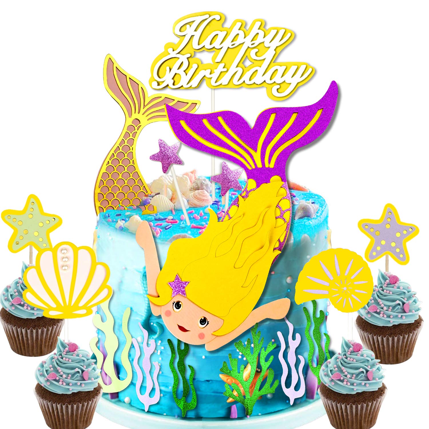 Buy Mity rain Mermaid Cake Topper Happy Birthday Cake Picks Under The