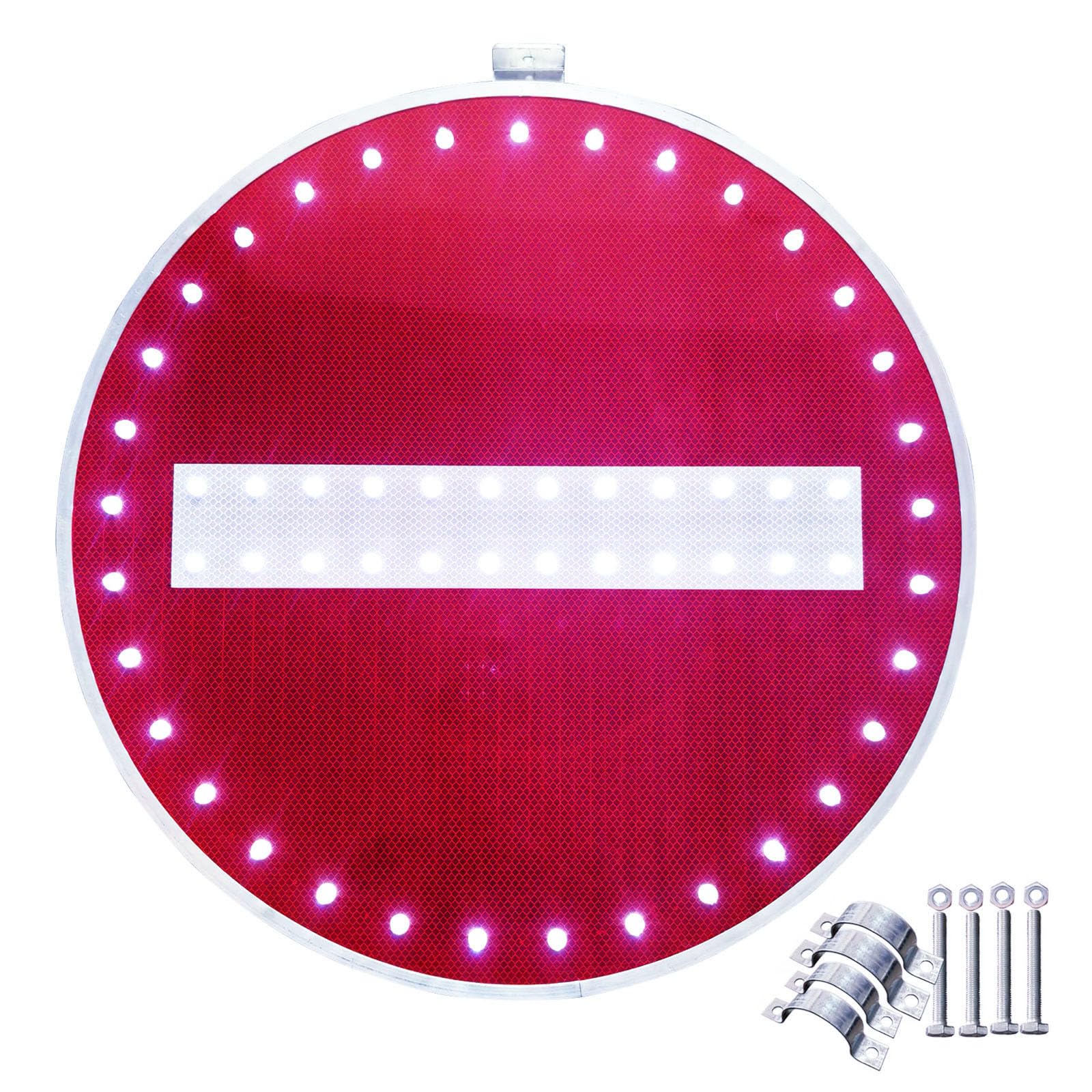 Señales solares de "Prohibido el paso", señales de tráfico LED intermitentes con accesorios de instalación, marco de metal inoxidable, película reflectante de grado profesional (Rojo, 76cm)