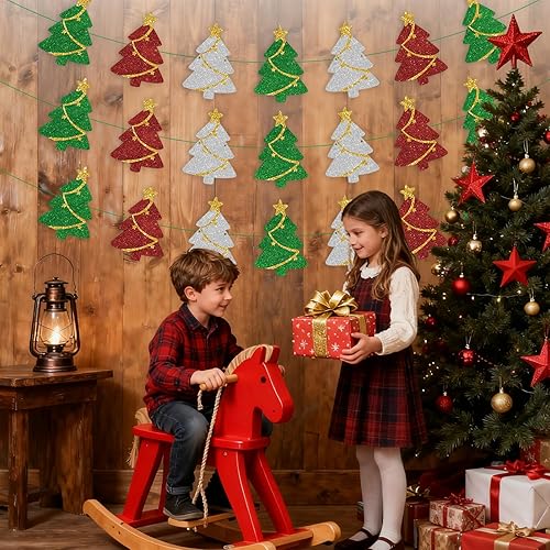 Miniatura 5 de 3 Set Pre-Strung Christmas Decorations,Glitter Christmas Tree Banner Garland for Winter Party,Mantle Decor,Xmas Door Wall Window Hanging