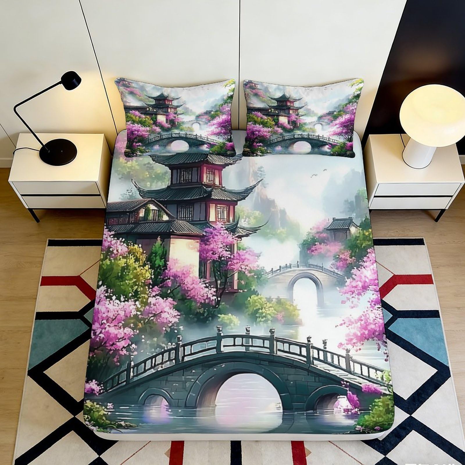 3D Printed Oriental Garden Fitted Sheet Microfiber Soft Cherry Blossom Bridge Bed Cover for Bedroom Decor Protection 90x200x25cm
