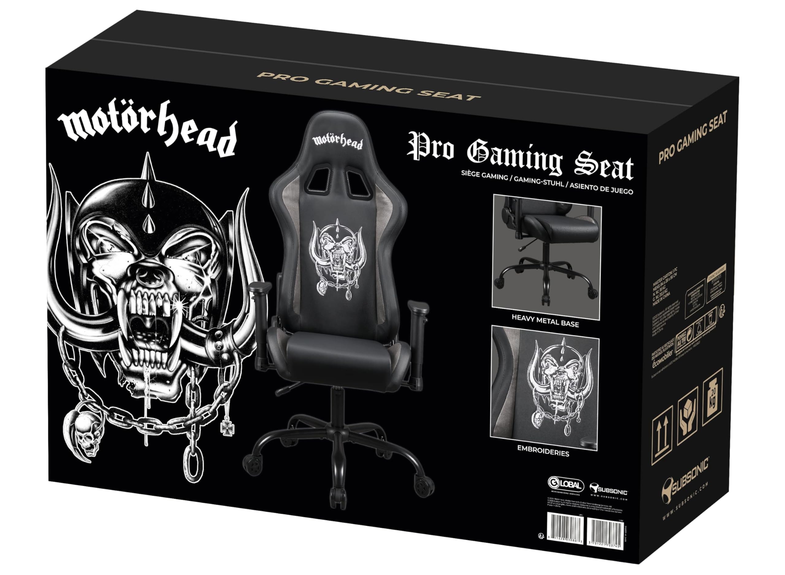 Subsonic Motorhead Sedia da Gioco o da Ufficio, Sedia Gaming Adulti, Seduta Confortevole, Poggiatesta Integrato, Braccioli e Altezza Regolabili, Schienale Ergonomico, Nero