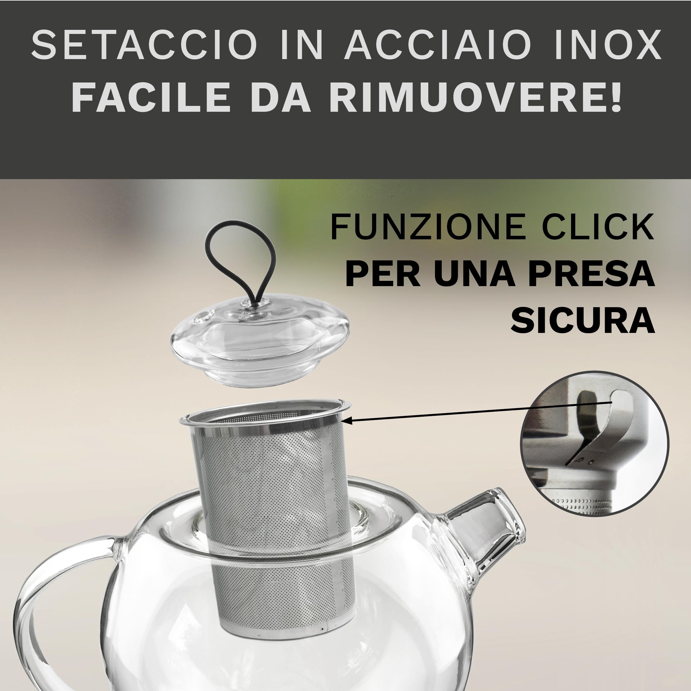 Creano Teiera in Vetro 1,0 Litro con Filtro Acciaio Inossidabile Integrato e Copercio Vetro - Antigoccia Elegante Teiera Trasparente per Tè Infusi Regalo Perfetto - 3 pezzi