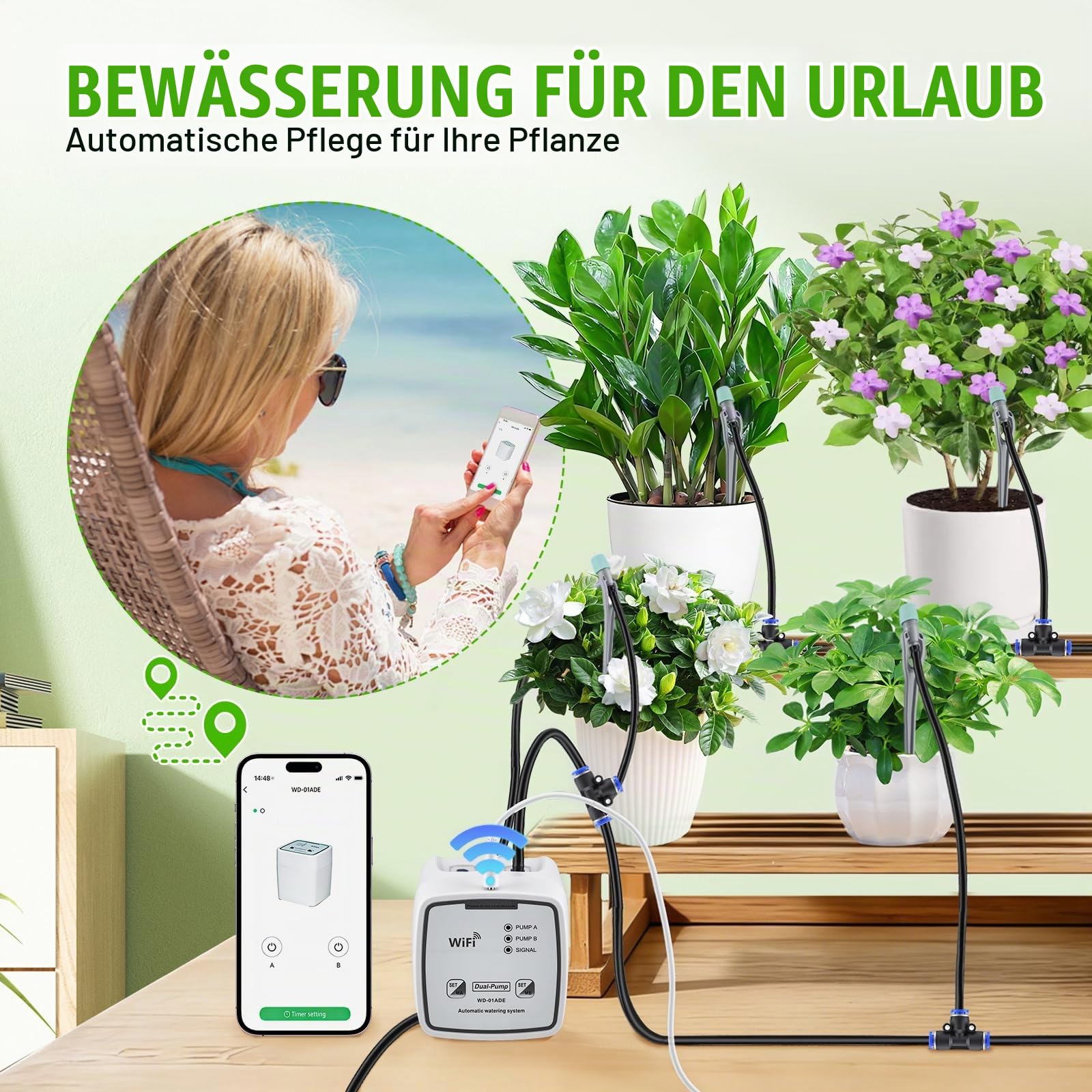 WIFI Automatisches Bewässerungssystem, Einstellbare Wassermenge, Tropfbewässerungsset Gesteuert über APP, Automatische Bewässerung Indoor, Tropfbewässerungsset für bis zu 20 Topfpflanzen