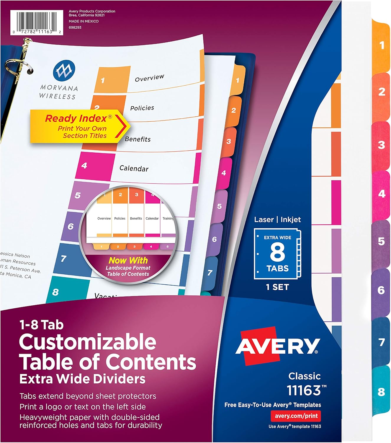 Amazon Com Avery 8 Tab Extra Wide 3 Ring Binder Dividers Customizable Table Of Contents Multicolor Tabs 1 Set 11163 Office Products