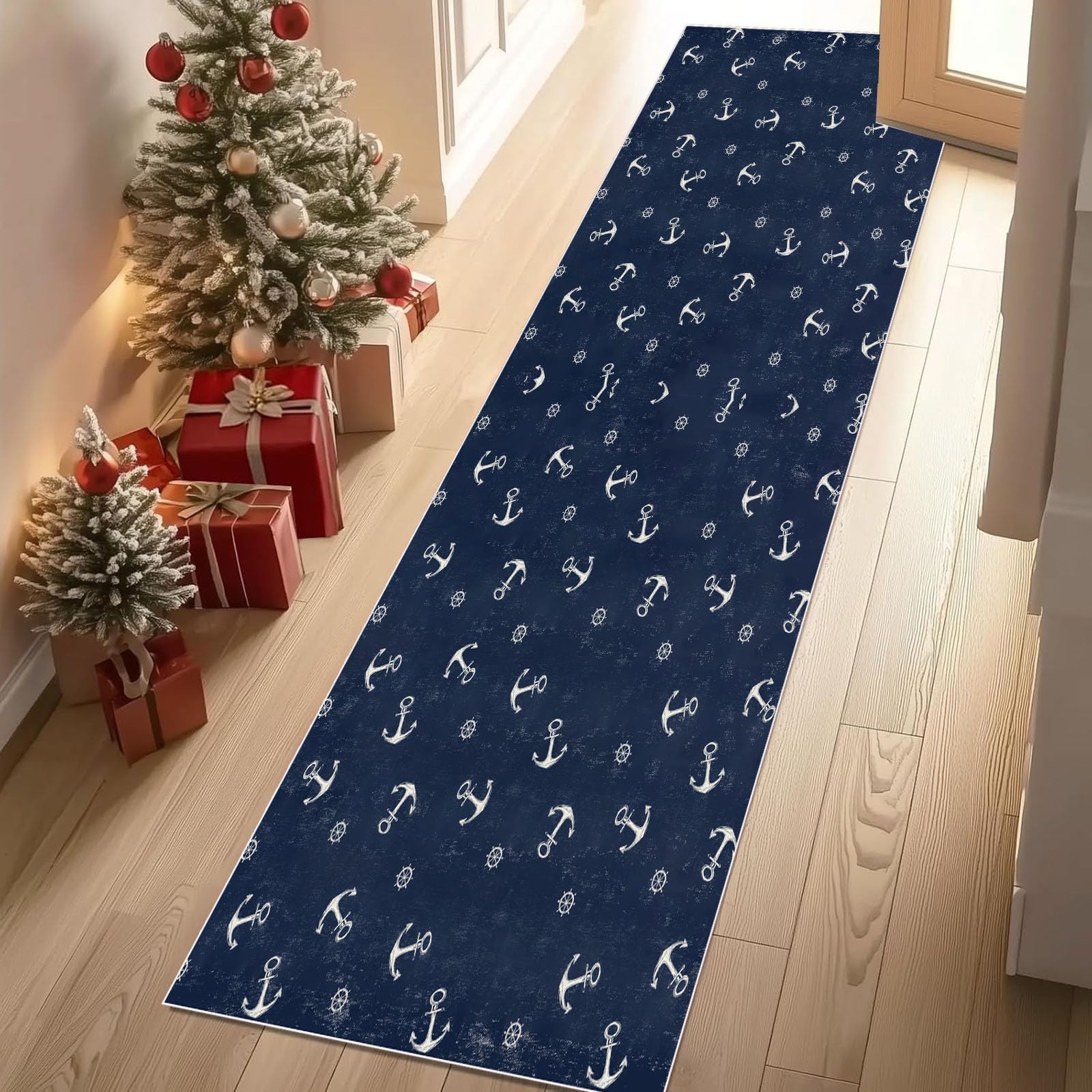 Nautisch Anker Maritim Steuerrad Teppich Läufer Flur Küche Waschbar rutschfest 60x150 cm, Küsten Muster Teppiche für Bettumrandung Schlafzimmer Teppichläufer für Küchenläufer Eingangsbereich