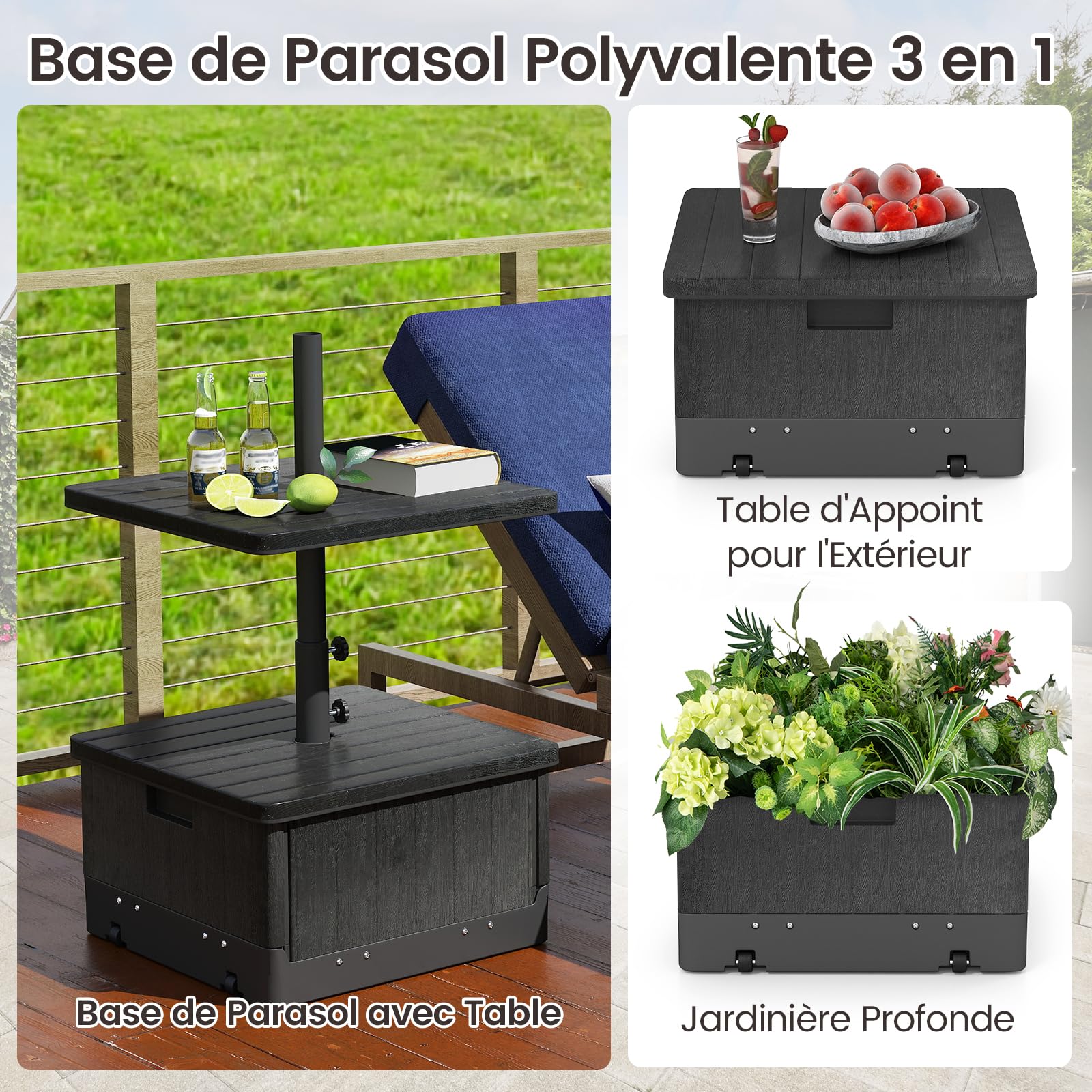 RELAX4LIFE Base de Parasol avec Table Basse Carrée 3-en-1 (Noir)