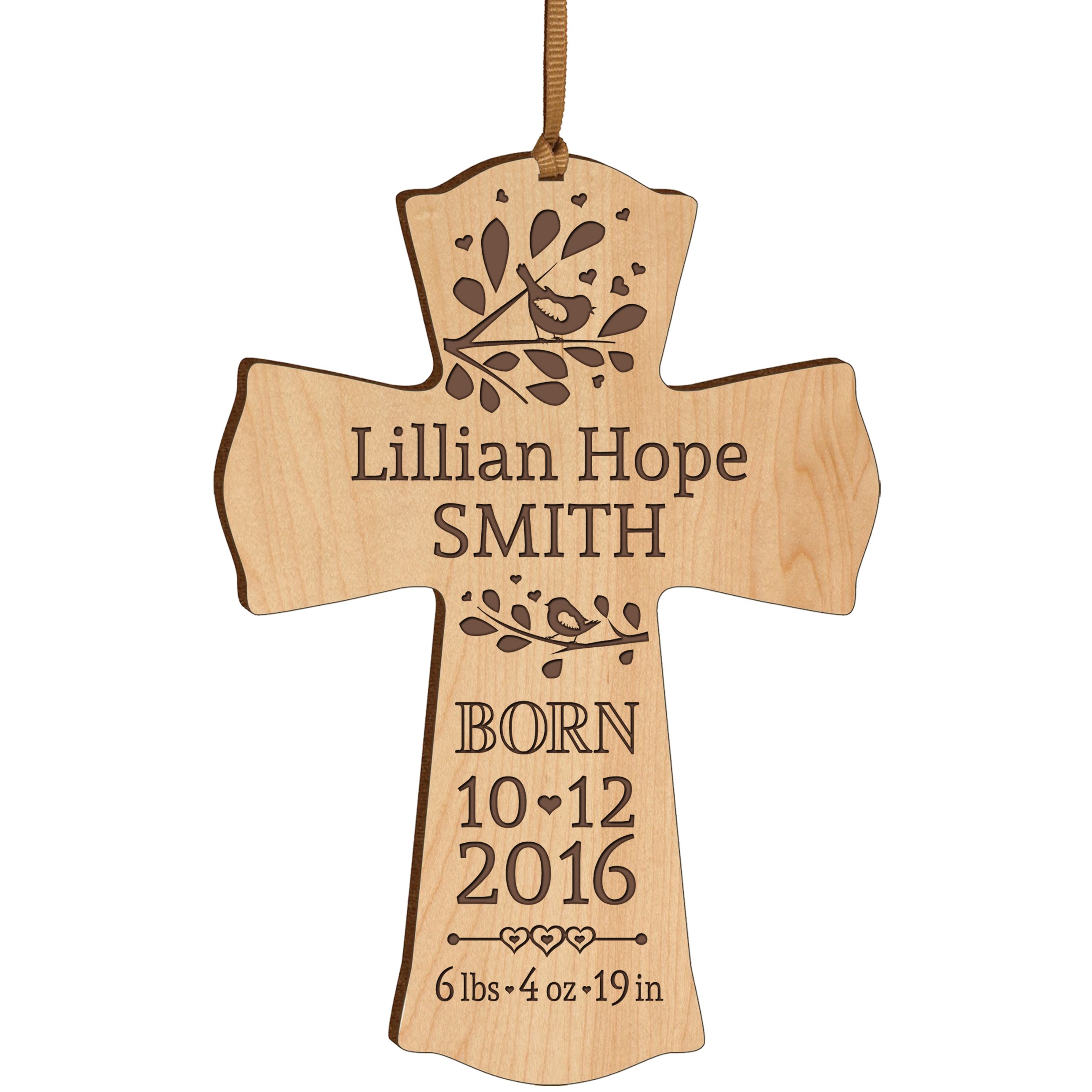 LifeSong Milestones Personalized New Baby Birth Shower Announcement Gift Ideas for Newborn Boys and Girls Custom Engraved Wall Cross Ornament for New mom and dad and Grandparents (Maple)