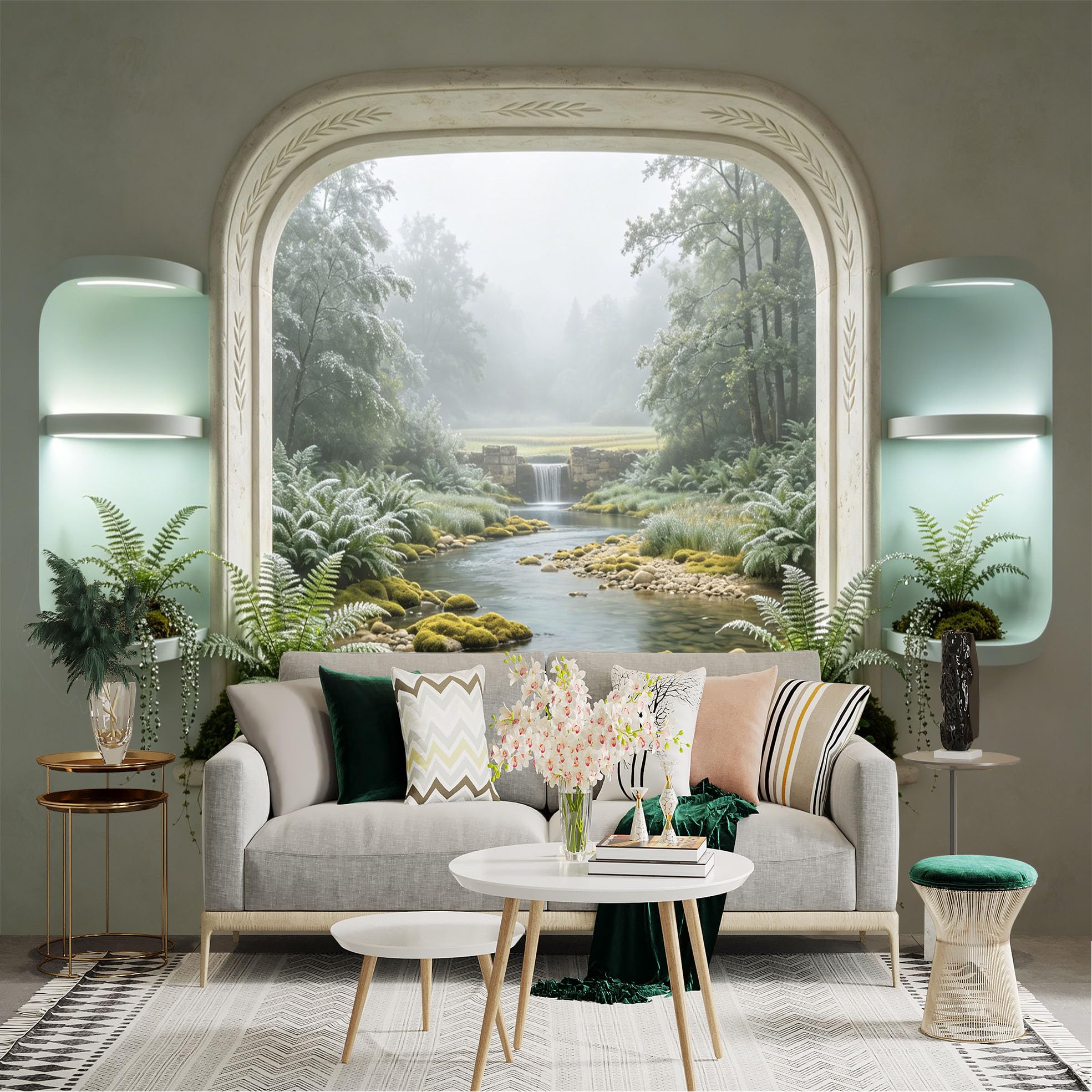 Custom Size Wall Sticker Mural， Misty Forest River View Through Window with Ferns and Waterfall， for wall Decoration， peelandstick wall Decals.