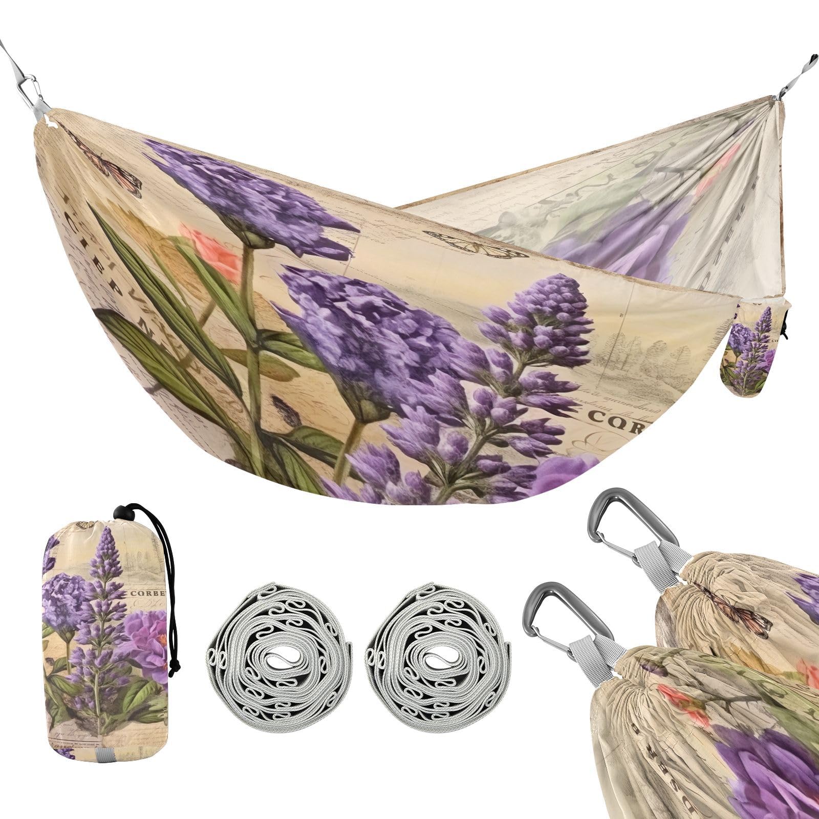 SDMKA Vintage Lavender Camping Hammock, 330 lbs with 2 Tree Straps, Carry Bag, Single Portable Hammock for Outdoor/Indoor, Hiking, Beach, Backpacking, Travel