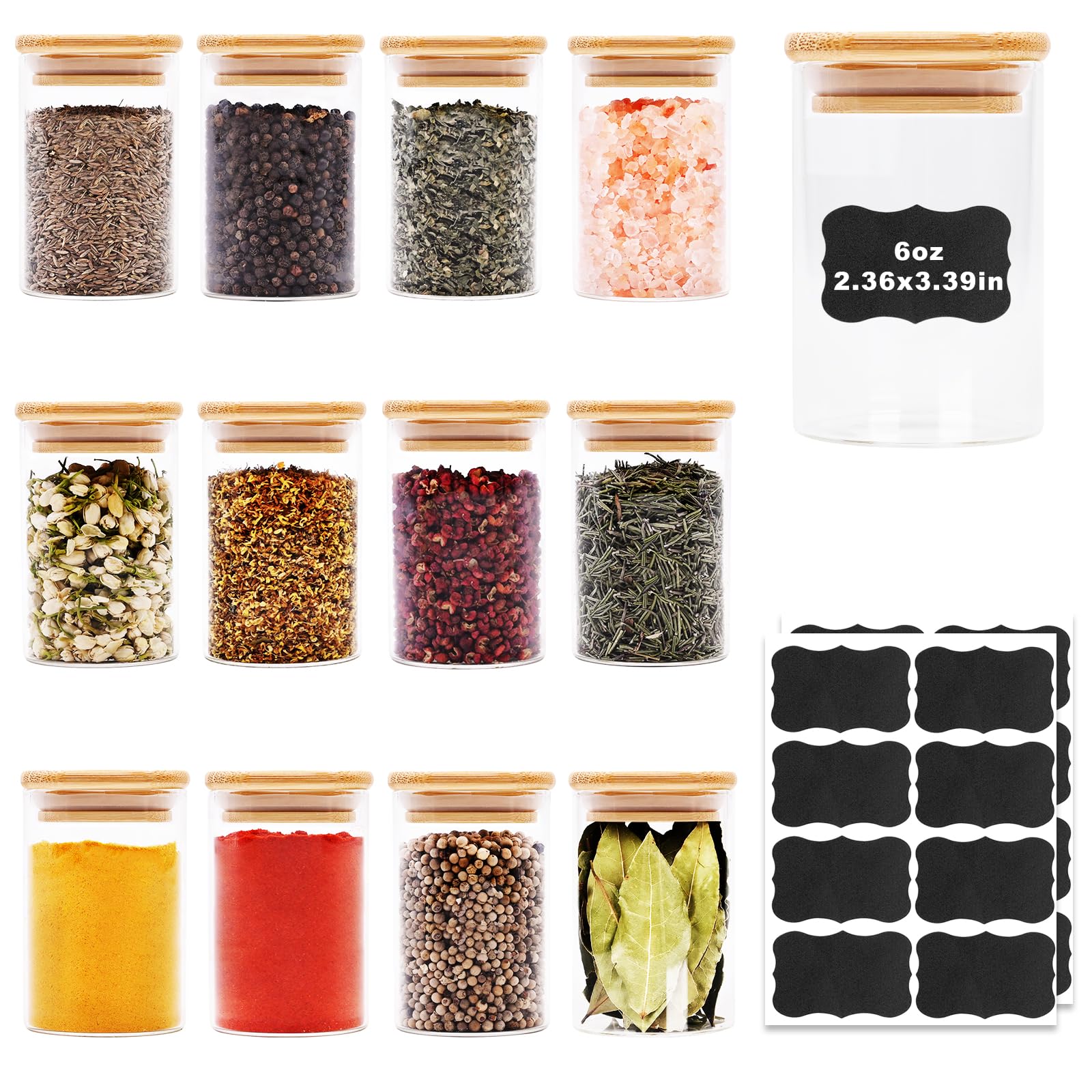 6oz Glass Food Storage Jars, Glass Jars with Bamboo Lids, Kitchen Storage Jars, Set of 12, Canisters with Airtight Lids for Spice, Coffee, Cookie, Pantry Organizers