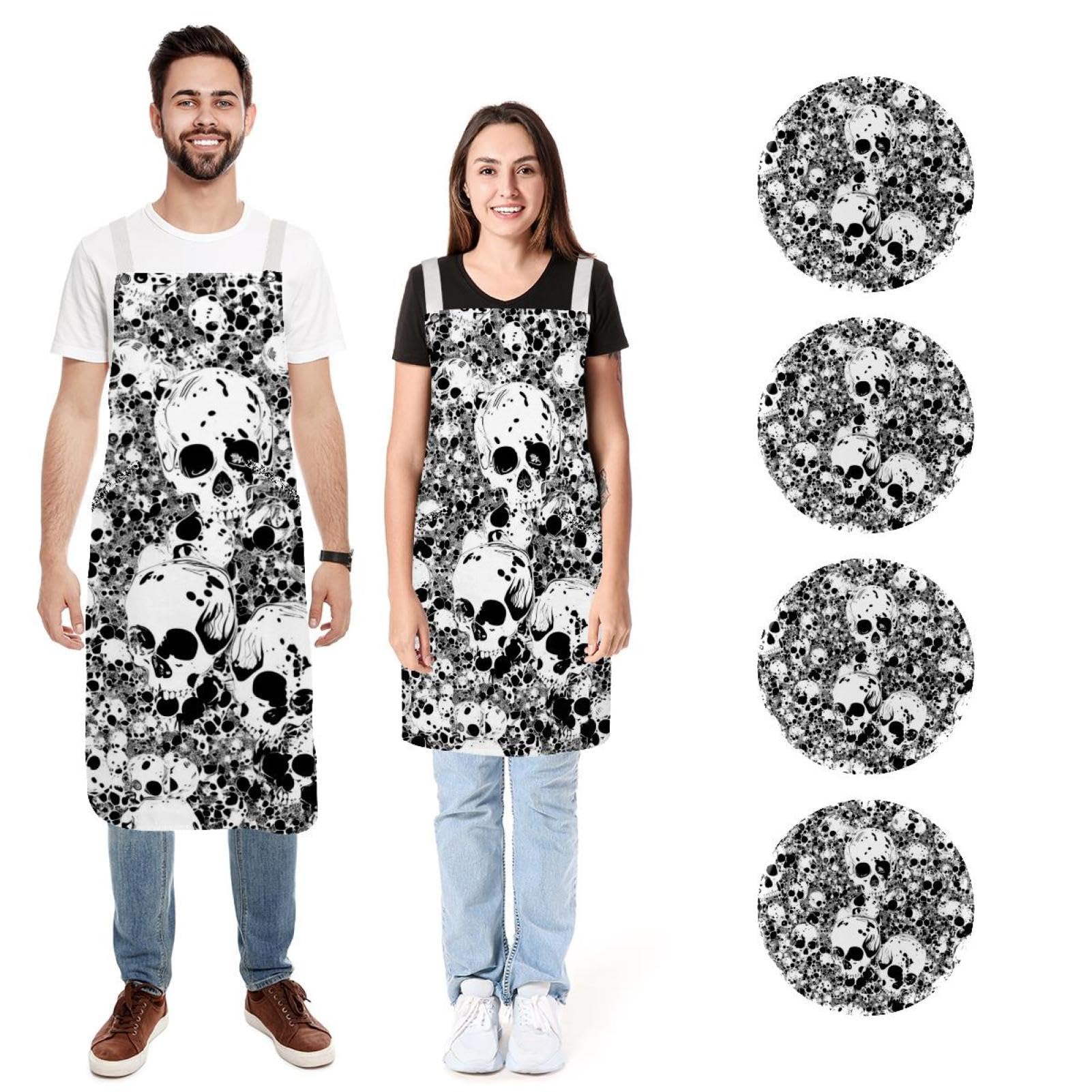 Tabliers de cuisine étanches squelette noir et blanc à poches - 7