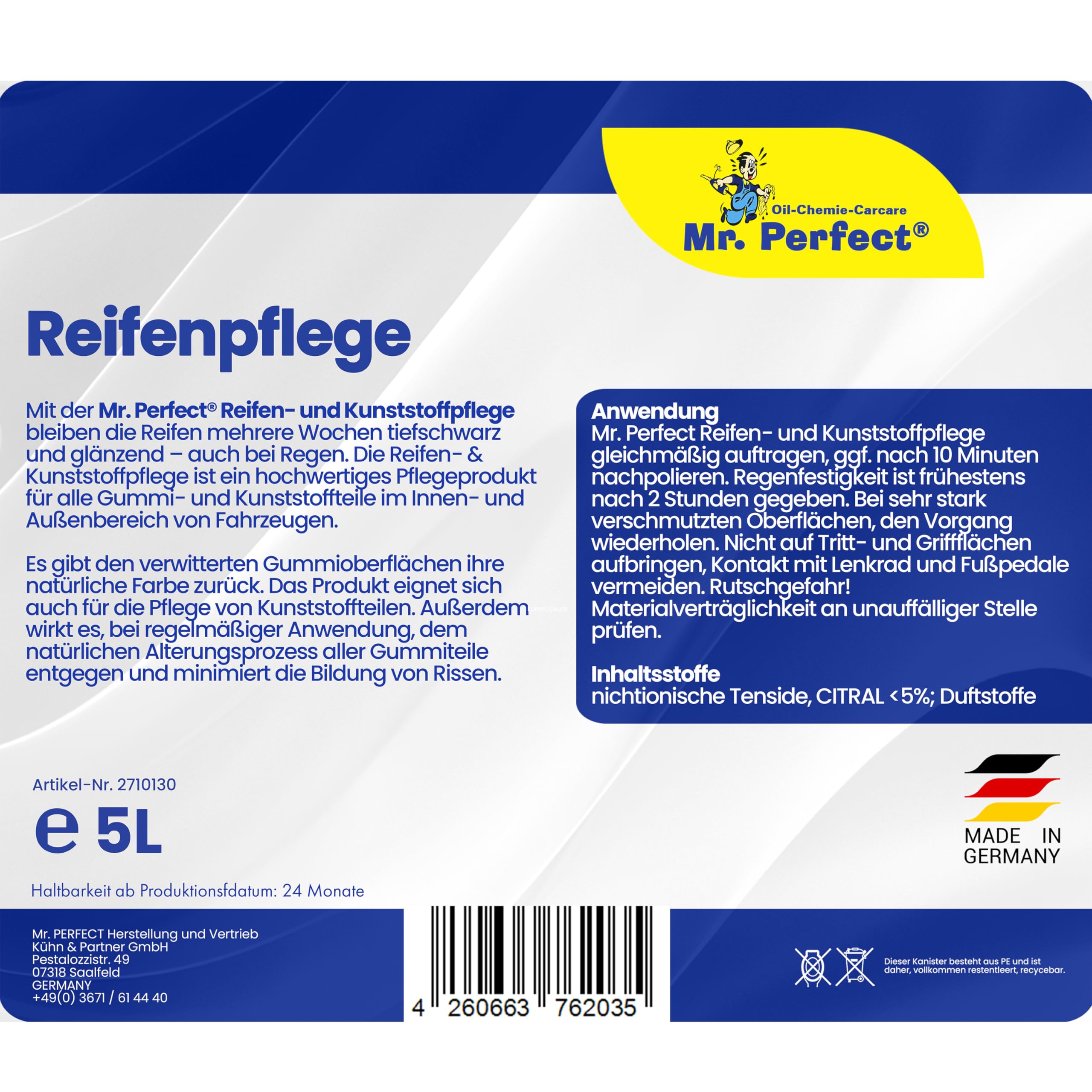 Mr. Perfect® 5L Reifenglanz - Auto Kunststoffpflege & Gummipflege für Außen - Schwarz - Reifenpflege für Reifenglanz - Autoreifen Pflege und Reifen Reiniger - Reifenschwarz Auto