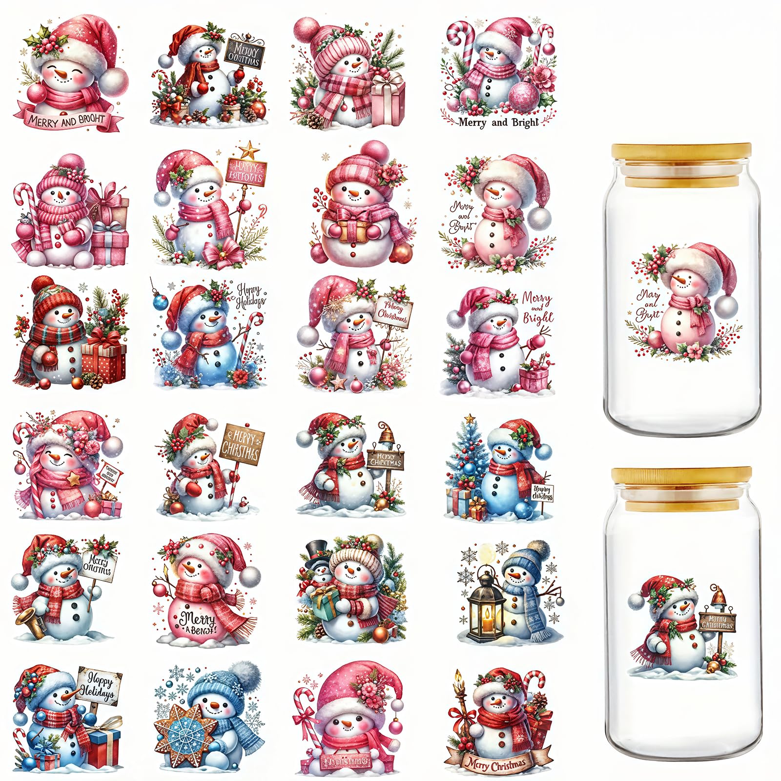 Yqtwlkjic Multicolor 24Pcs Christmas Snowman Tree Uv Dtf Cup Wraps Transfer Waterproof Sticker For Glass Cups Furniture Craft Diy Crafts，Rub On Transfer Stickers For Diy Water Bottle Laptop Decal Wood Car