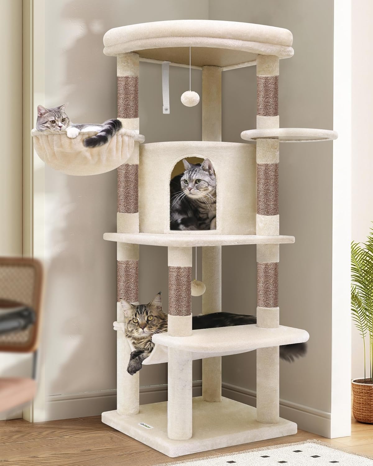 Globlazer Corner Cat Tree, 51in Curved Series Modern Cat Tower for Indoor Cats with Hammock, 7 Sisal Scratching Posts, Large Fan-Shaped Platform for Large Cats, Cat Condo & Hanging Basket, C51, Beige? 51inch Beige