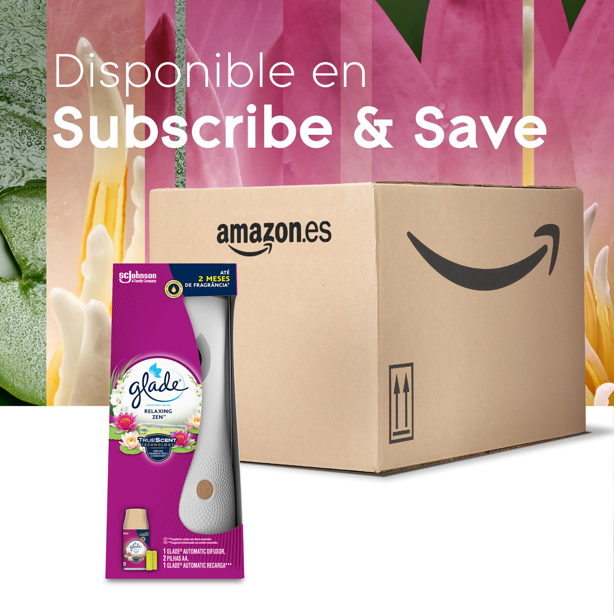 Glade Ambientador Automático Relaxing Zen, con Aceites Esenciales, Dura Hasta 60 Días, 1 Difusor + 1 Recambio