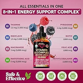 USDA Organic Vitamin B-Complex B5 Pantothenic Acid | B12 Methylcobalamin | B1 Thiamine | B6 Pyridoxine | B7 Biotin | B9 Folic | B3 Niacinamide - B Complex Liquid Drops, Made in USA Supplement, 2fl oz