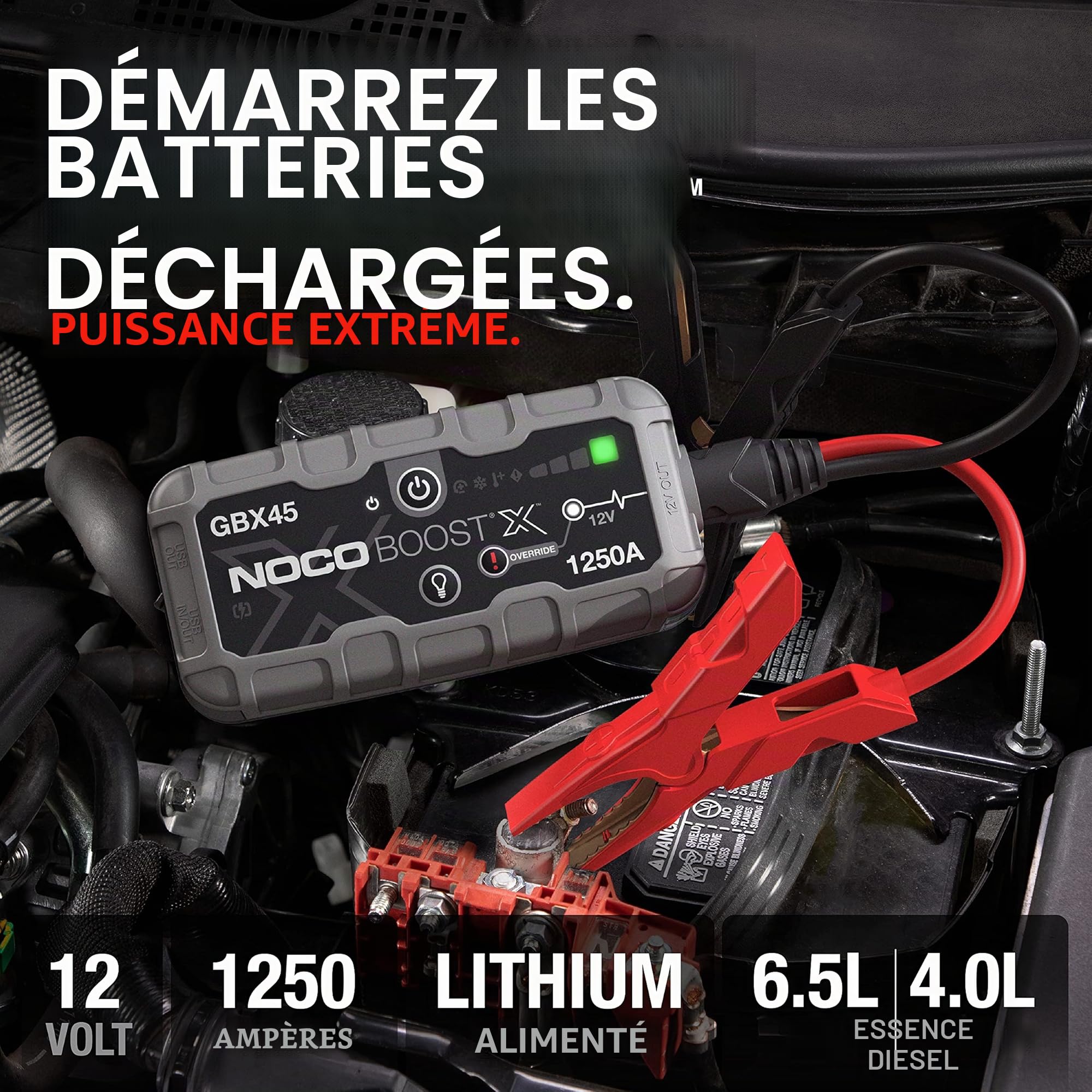 NOCO Boost X GBX45: Booster Batterie UltraSafe 1250A – Démarreur Lithium 12V Portable avec Powerbank et Chargeur USB – pour Moteurs Essence 6,5L et Diesel 4,0L