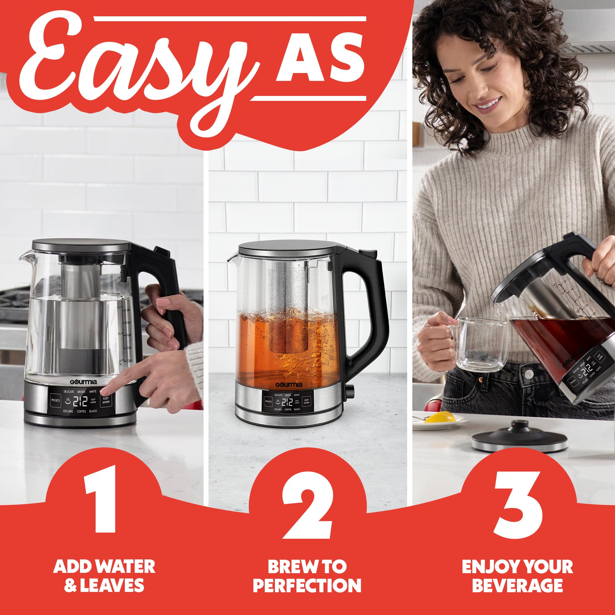 Gourmia Programmable Digital Glass Kettle – 1.7L Adjustable Temperature Electric Kettle with 6 Presets, Keep Warm, Stainless Steel Tea Infuser, 360° Swivel Base, Black