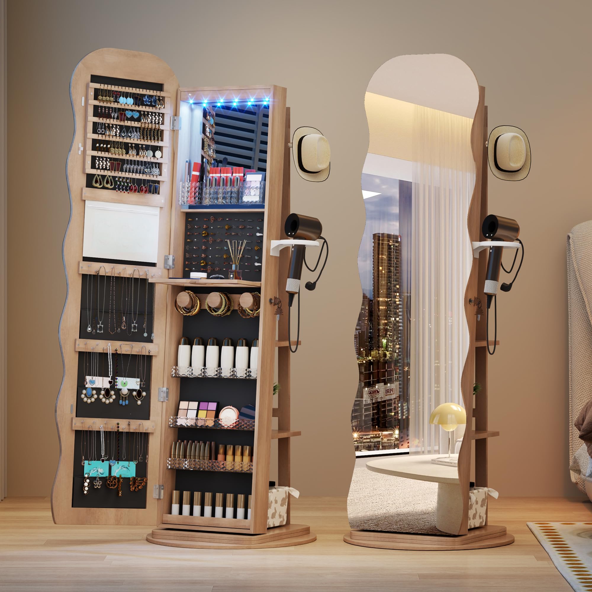 LVSOMT Armoire à bijoux LED avec Miroir Ondulé, Rotative à 360° Armoire à bijoux Verrouillable, Armoire Miroir Debout pour Salon et Chambre à coucher, étagère à 3 niveaux et 3 crochets, Bois Naturel