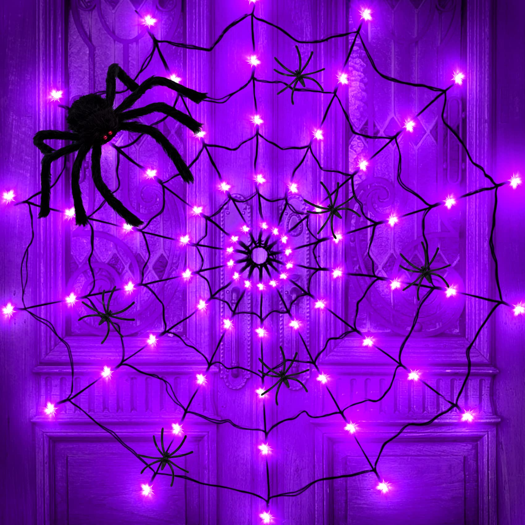 Attmu Halloween Spider Web Lights Decorations, 4.3 FT 70 LED Light Up Spider Web with Giant Spider, Spider Net for Home Yard Garden Window Indoor Outdoor Halloween Decorations (Purple)