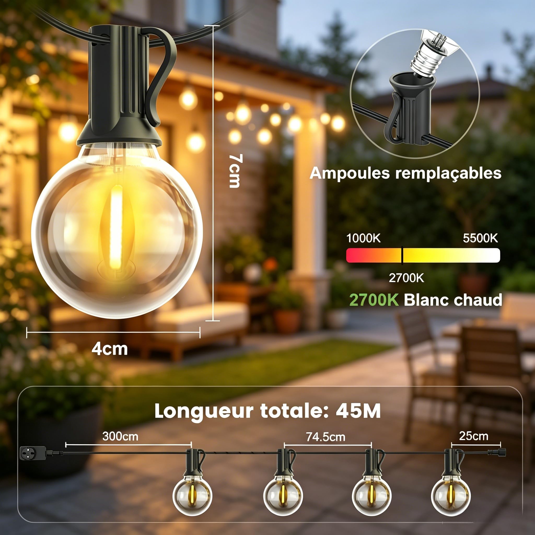 Guirlande-Lumineuse-Exterieure-Guirlande-Guinguette-Exterieur, 45M LED Lampe avec Variateur, étanche IP45, 58+2 G40 Ampoules Incassables pour Jardin Pergola Terrasse Deco Balcon Mariages et Fêtes