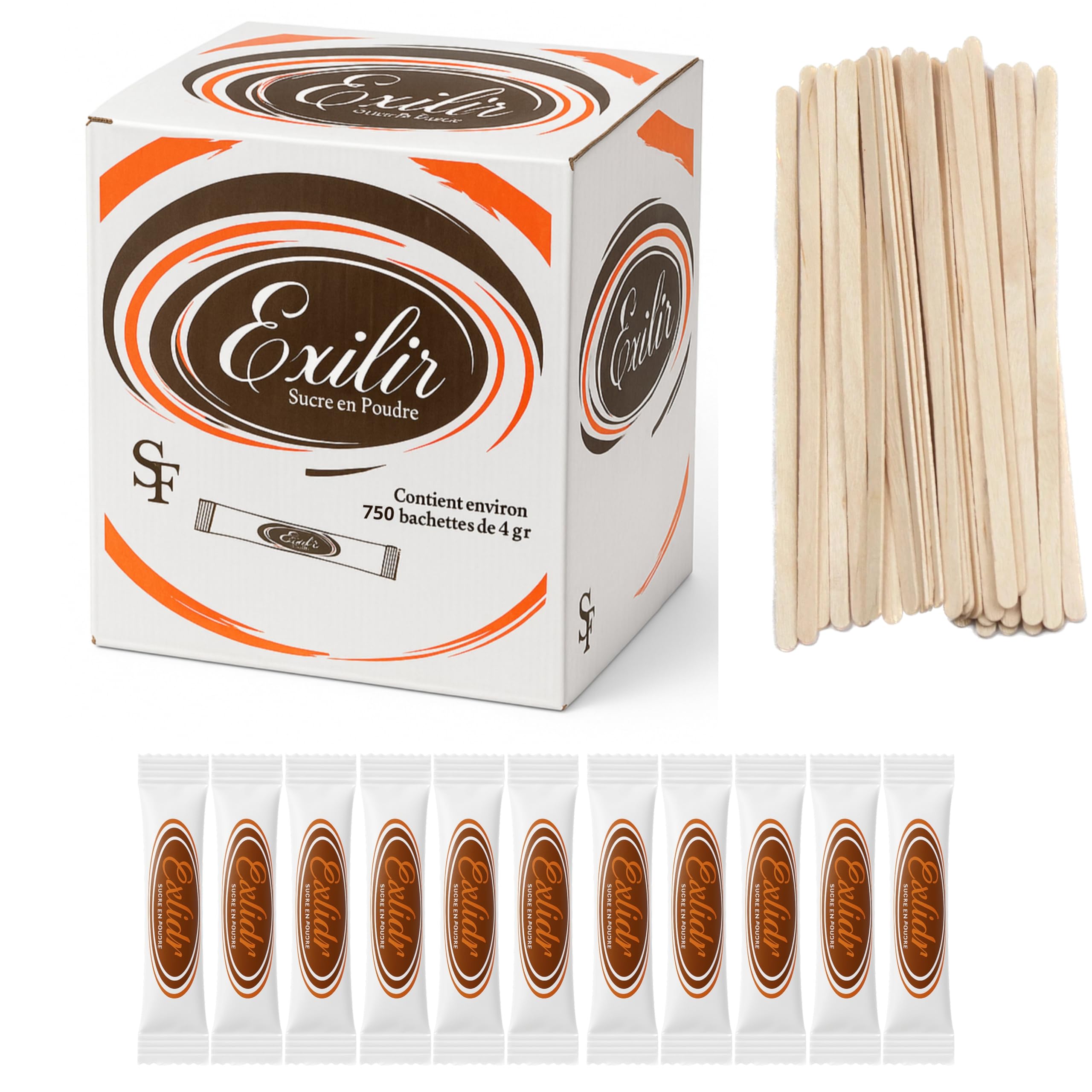 Lot de 750 Sachets EXILIR Bûchettes de Sucre Individuels de 4g (3kg) avec un lot d'agitateurs en bois - Inclus des agitateurs en bois - Idéal pour les Boissons Chaudes, Cafés et Thés