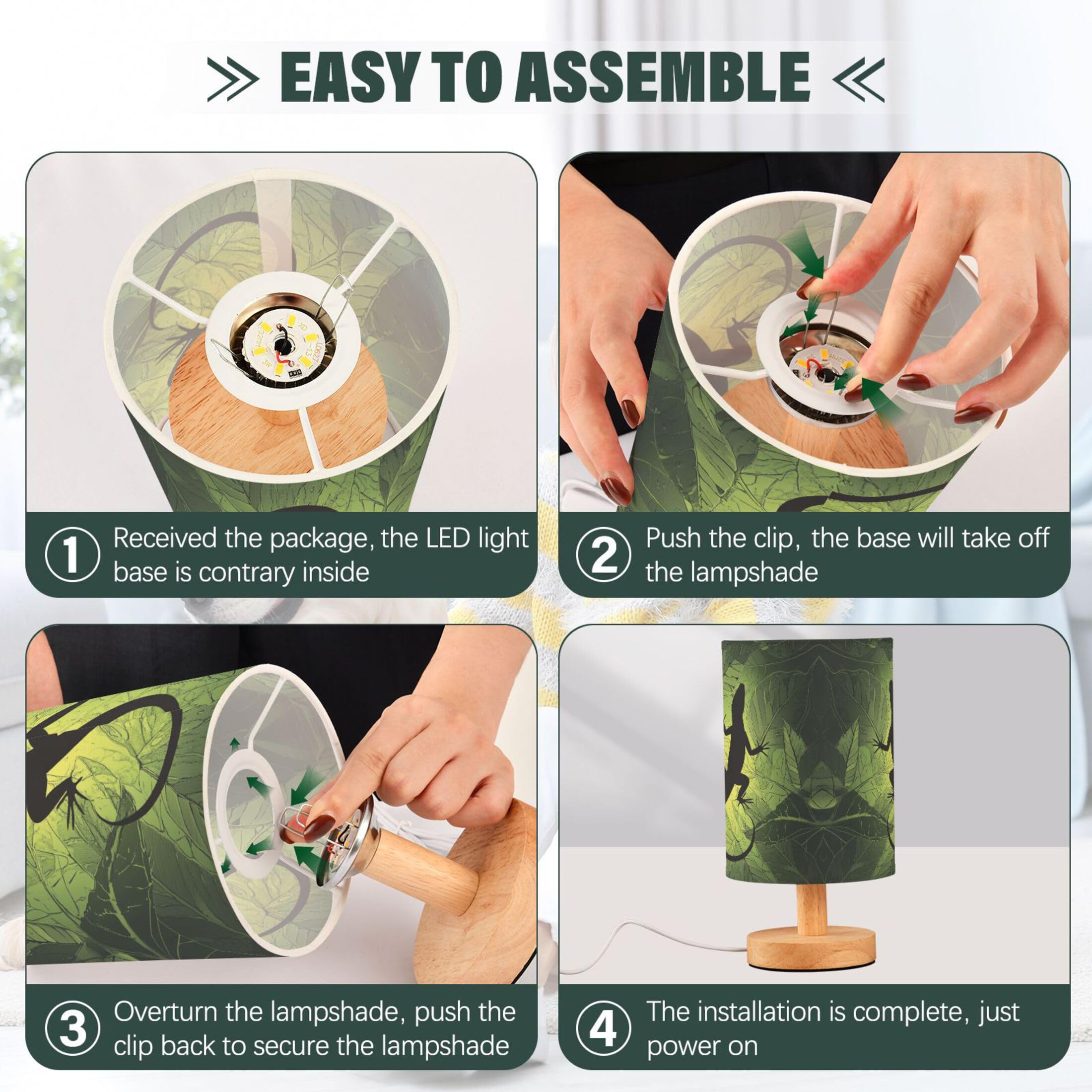 Lámpara de mesa con forma de gecko de lagarto camaleón sobre hoja verde, lámpara de mesita de noche con base de madera, pantalla de tela, lámpara de escritorio para sala de estar, dormitorio