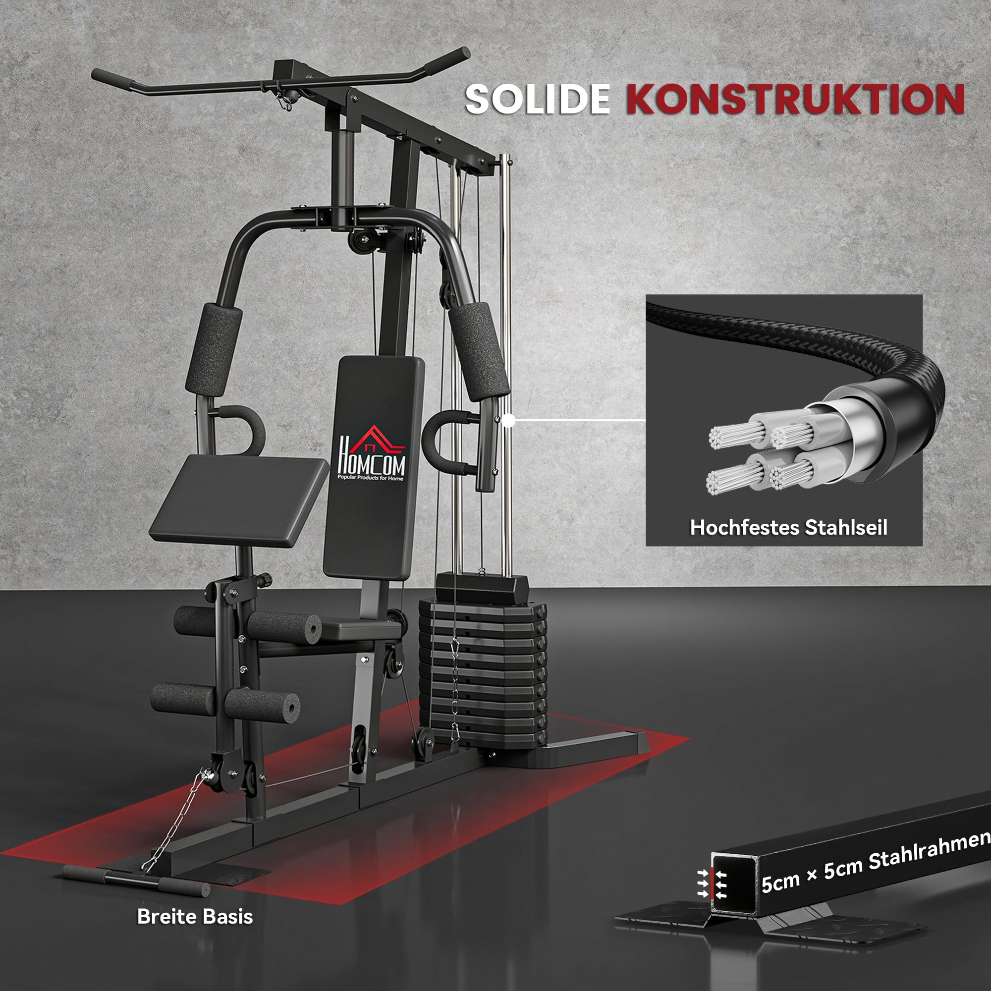 HOMCOM Kompakte Kraftstation, Multifunktionale Fitnessstation, Multistation mit Butterfly, Bizepscurl, Latzug, Beinstrecker, 45 kg Gewichtsblock Krafttraining Schwarz